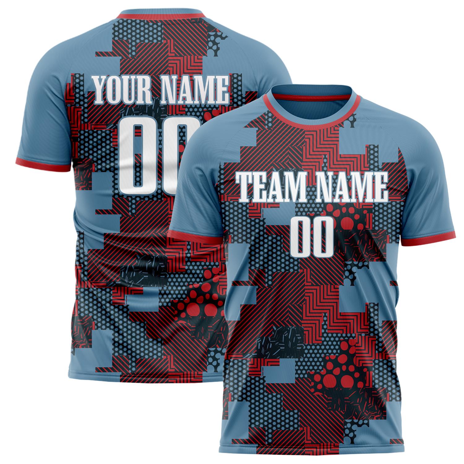Custom Blue Red Pattern Soccer Jersey FT02240809JC003