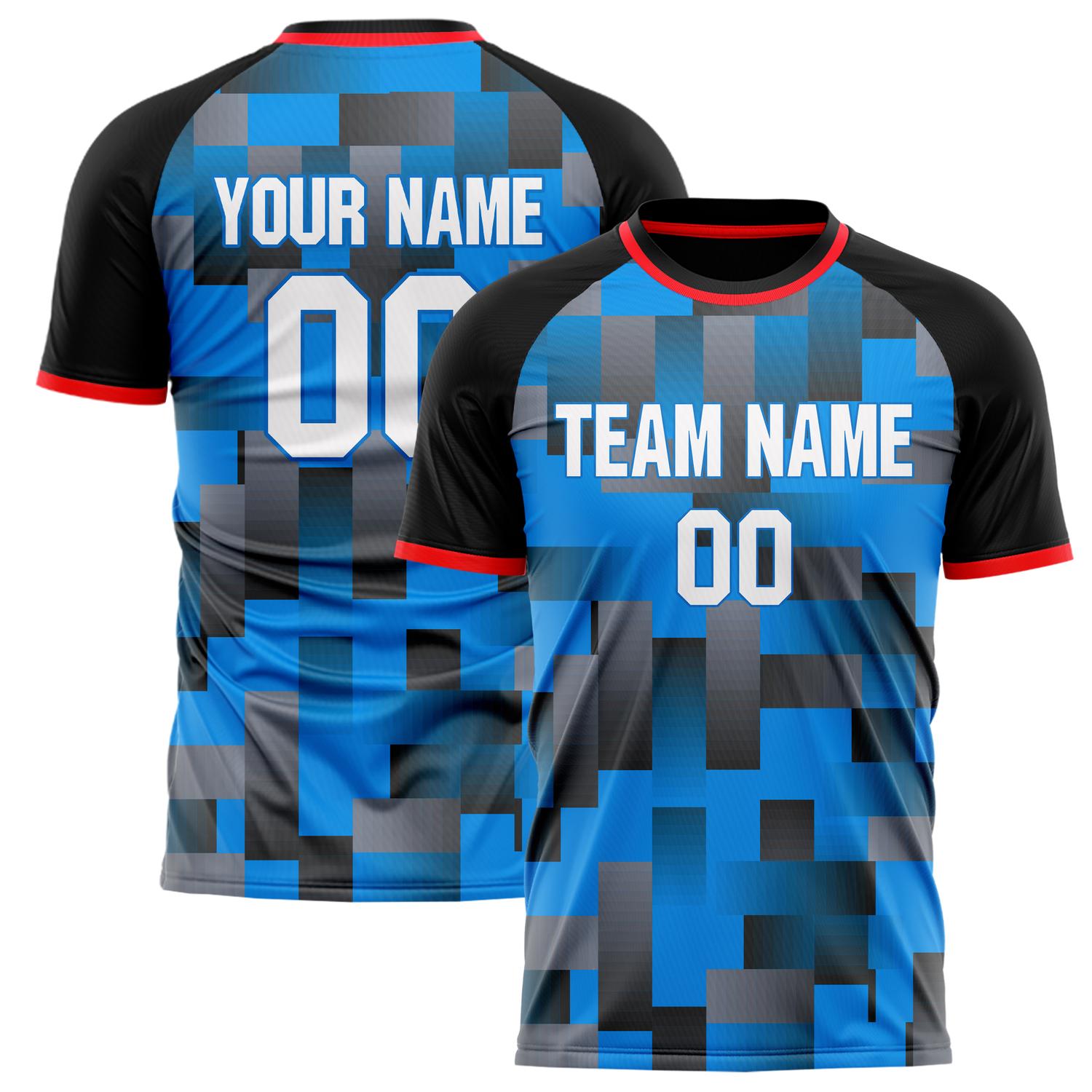 Custom Blue Black Pattern Soccer Jersey FT02240809JC015