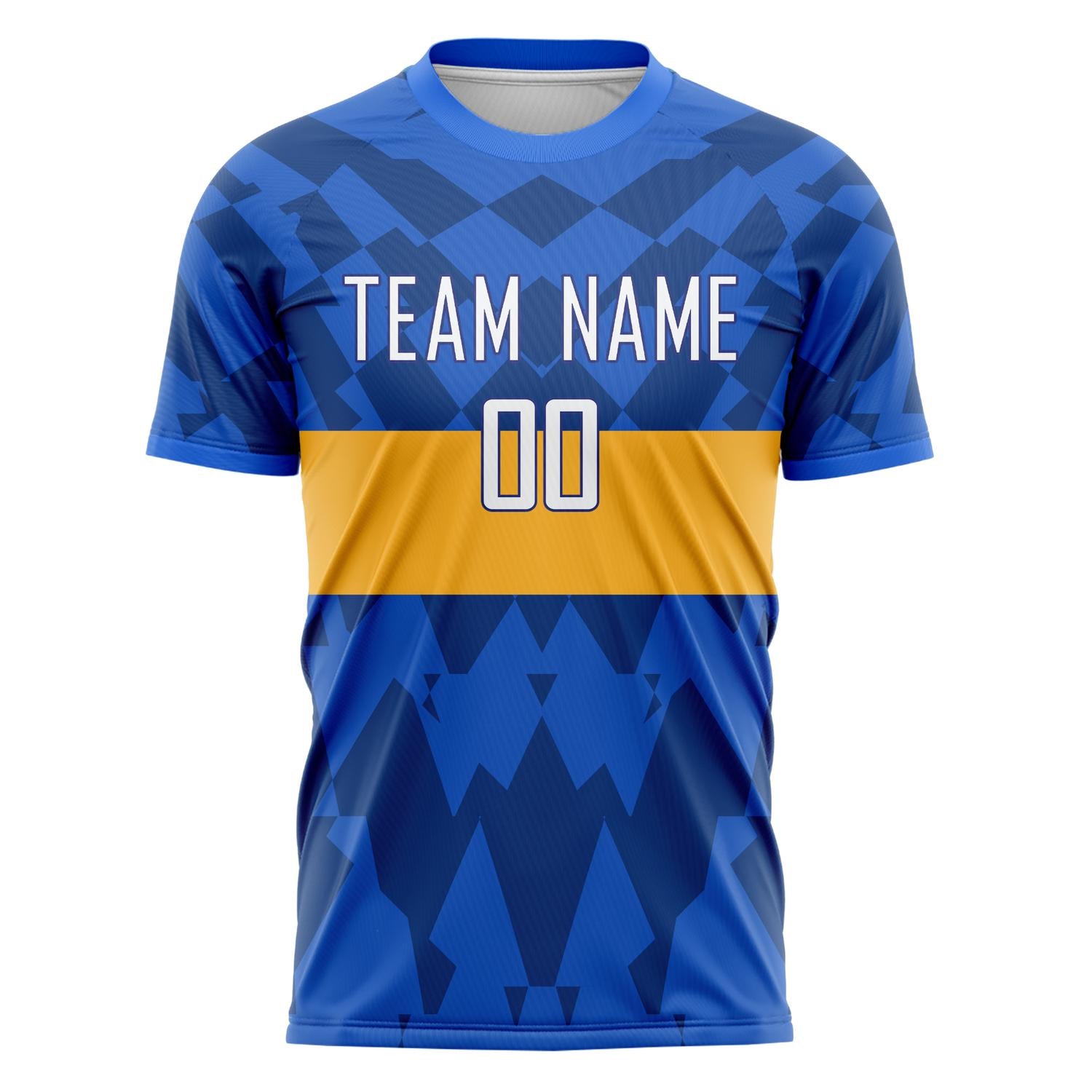 Custom Blue Gold Pattern Soccer Jersey
