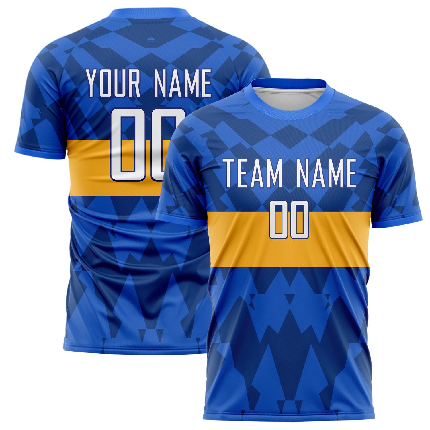 Custom Blue Gold Pattern Soccer Jersey FT02240809JC083