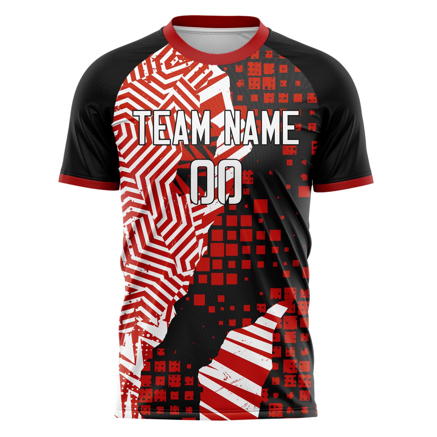 Custom Black Red Pattern Soccer Jersey