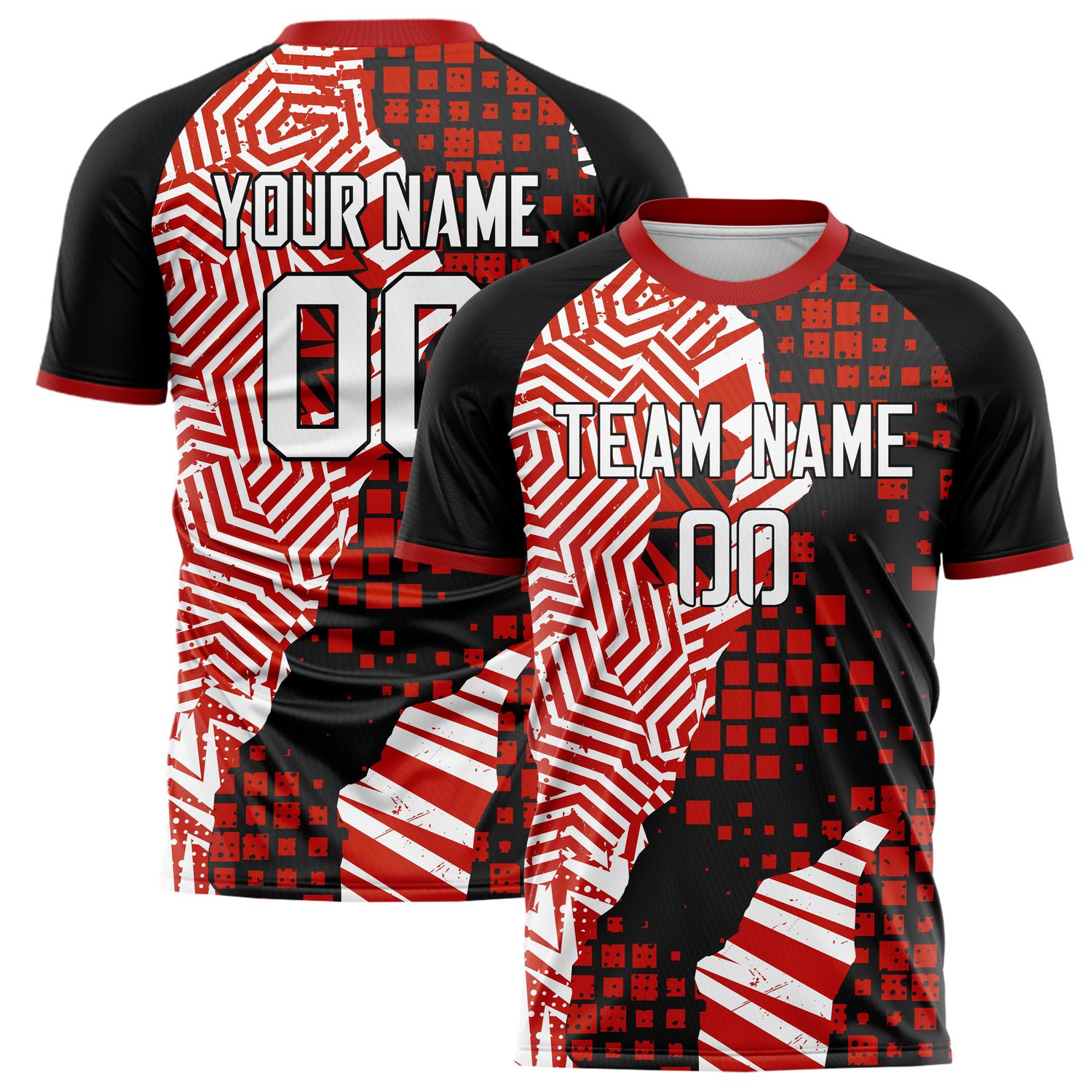 Custom Black Red Pattern Soccer Jersey FT02240809JC094