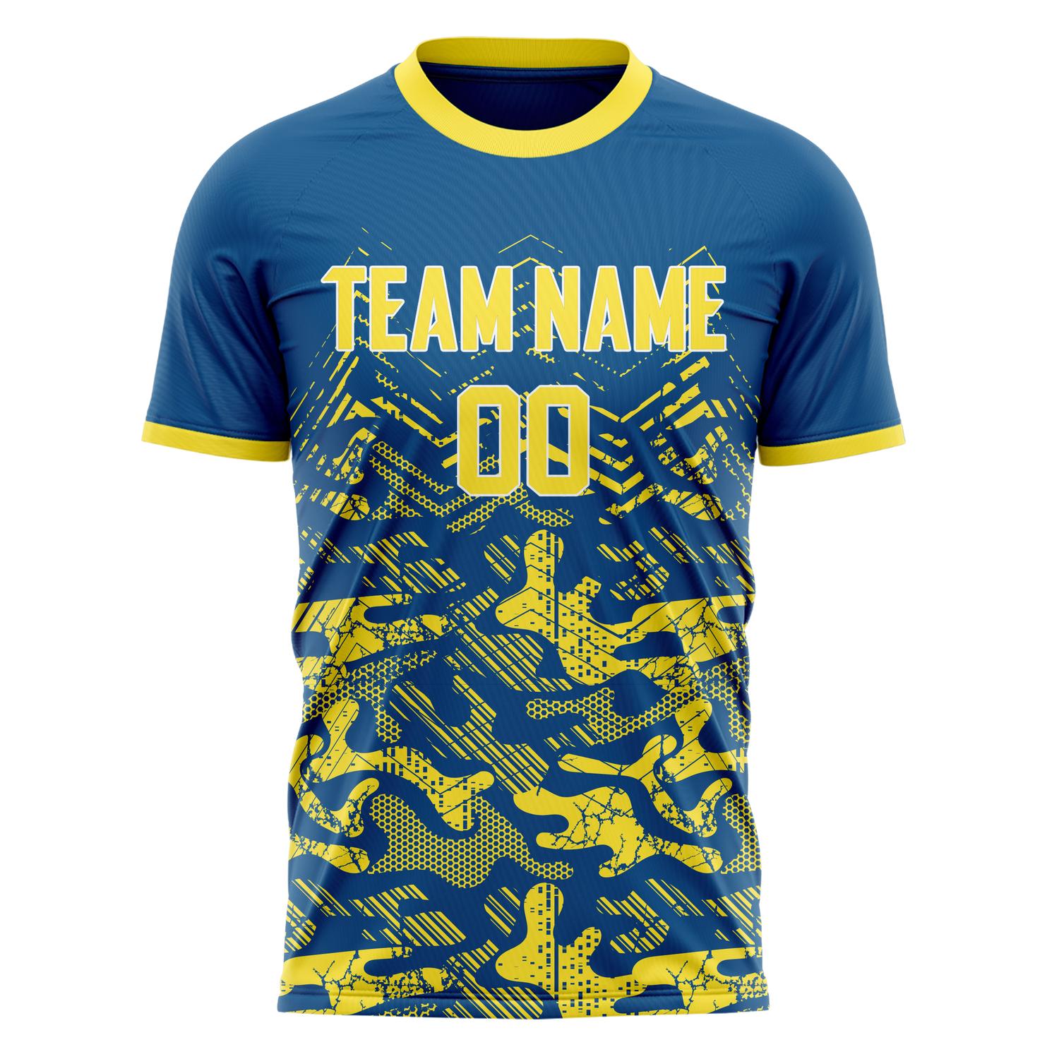 Custom Navy Yellow Pattern Soccer Jersey