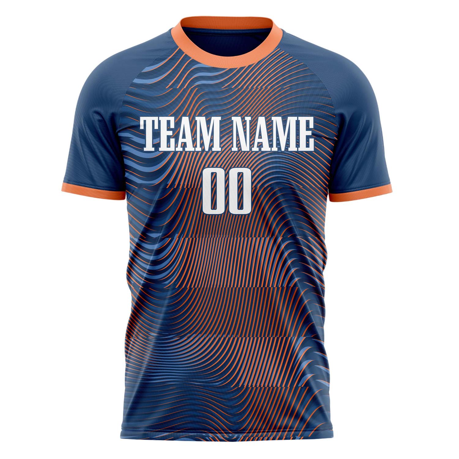 Custom Navy Orange Pattern Soccer Jersey