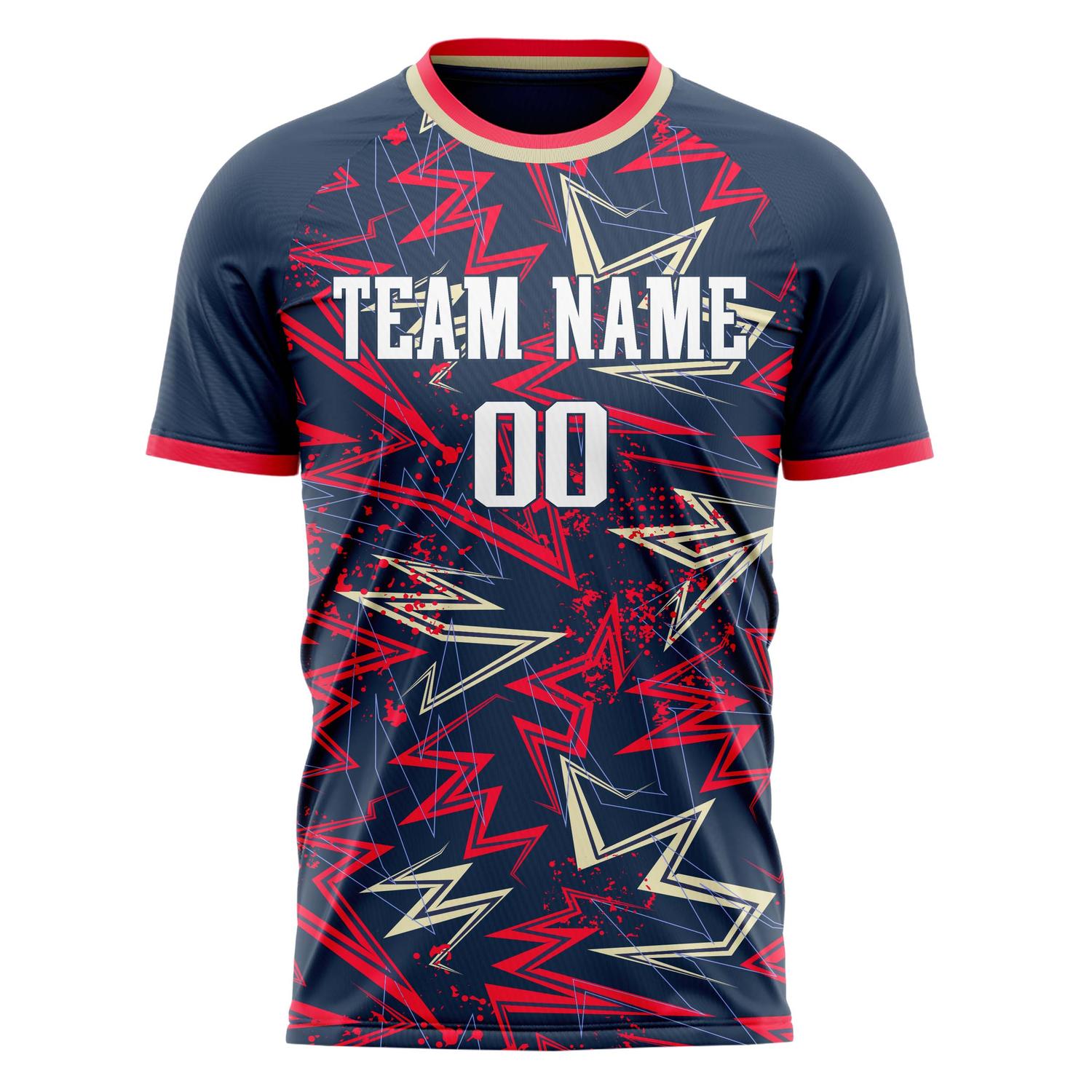 Custom Navy Red Pattern Soccer Jersey