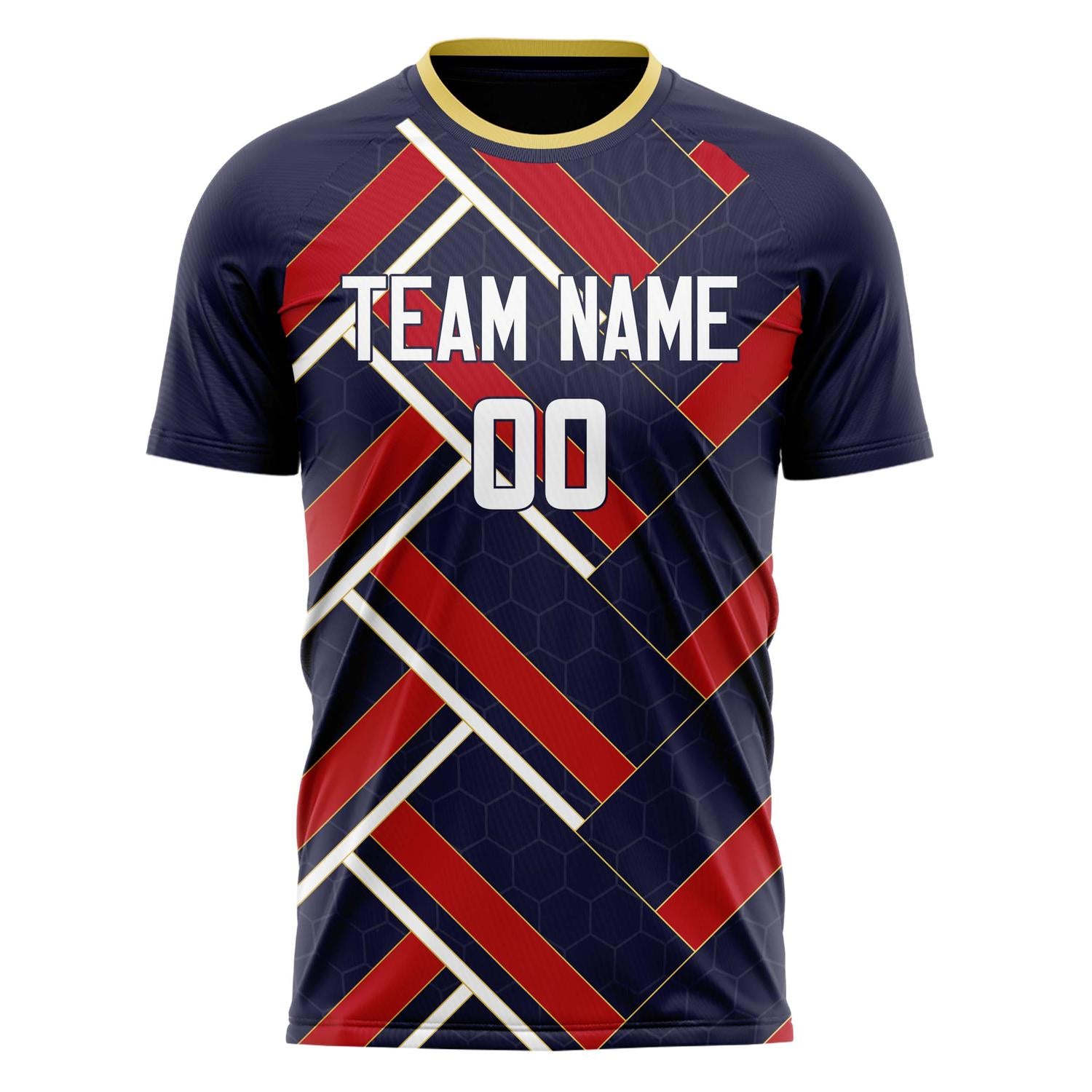 Custom Navy Red Pattern Soccer Jersey