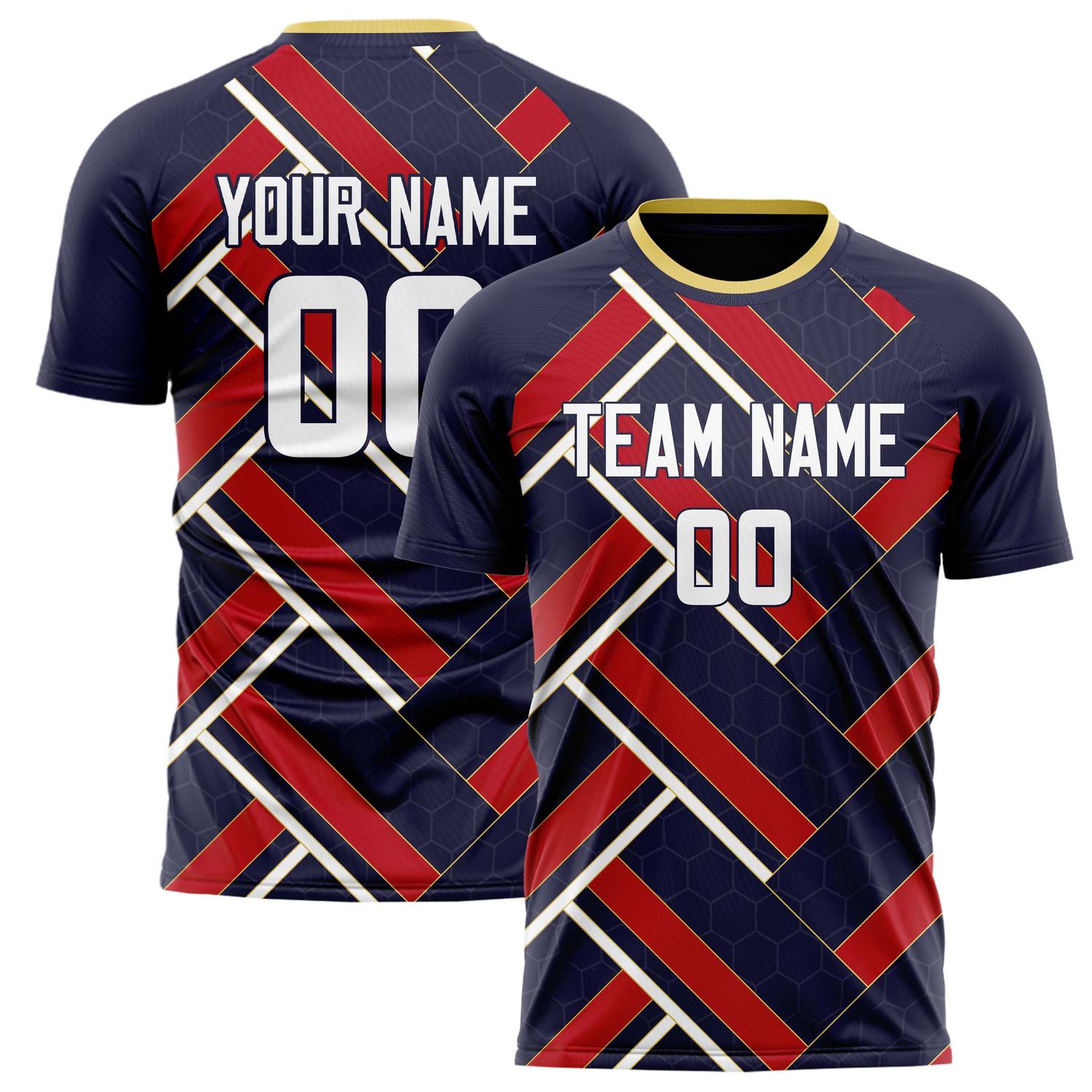 Custom Navy Red Pattern Soccer Jersey FT02240809JG127