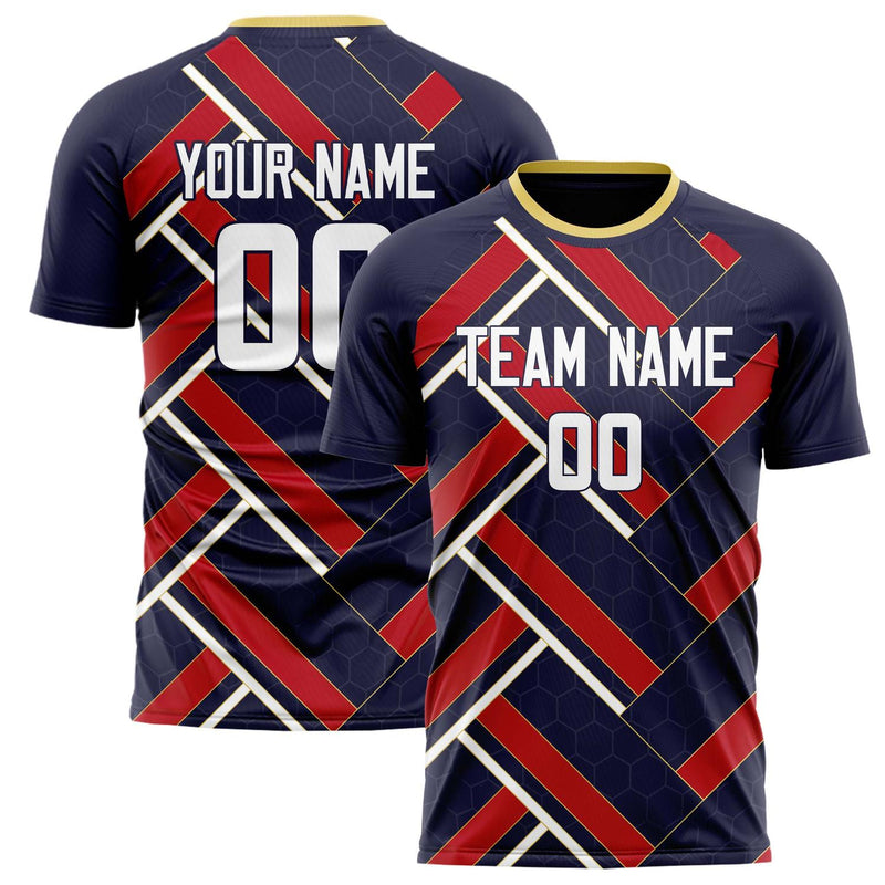 Custom Navy Red Pattern Soccer Jersey FT02240809JG127
