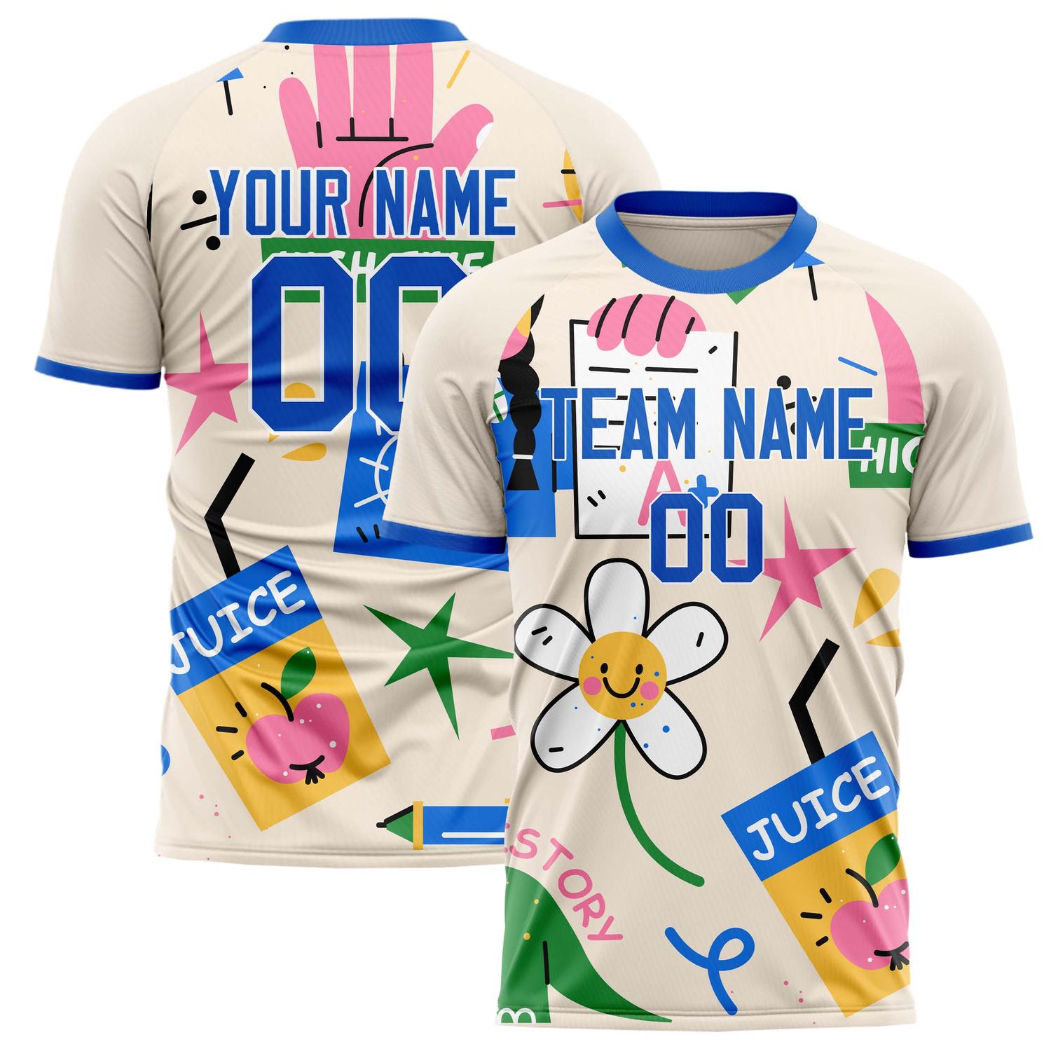 Custom Cream Blue Pattern Soccer Jersey FT02240809JG145