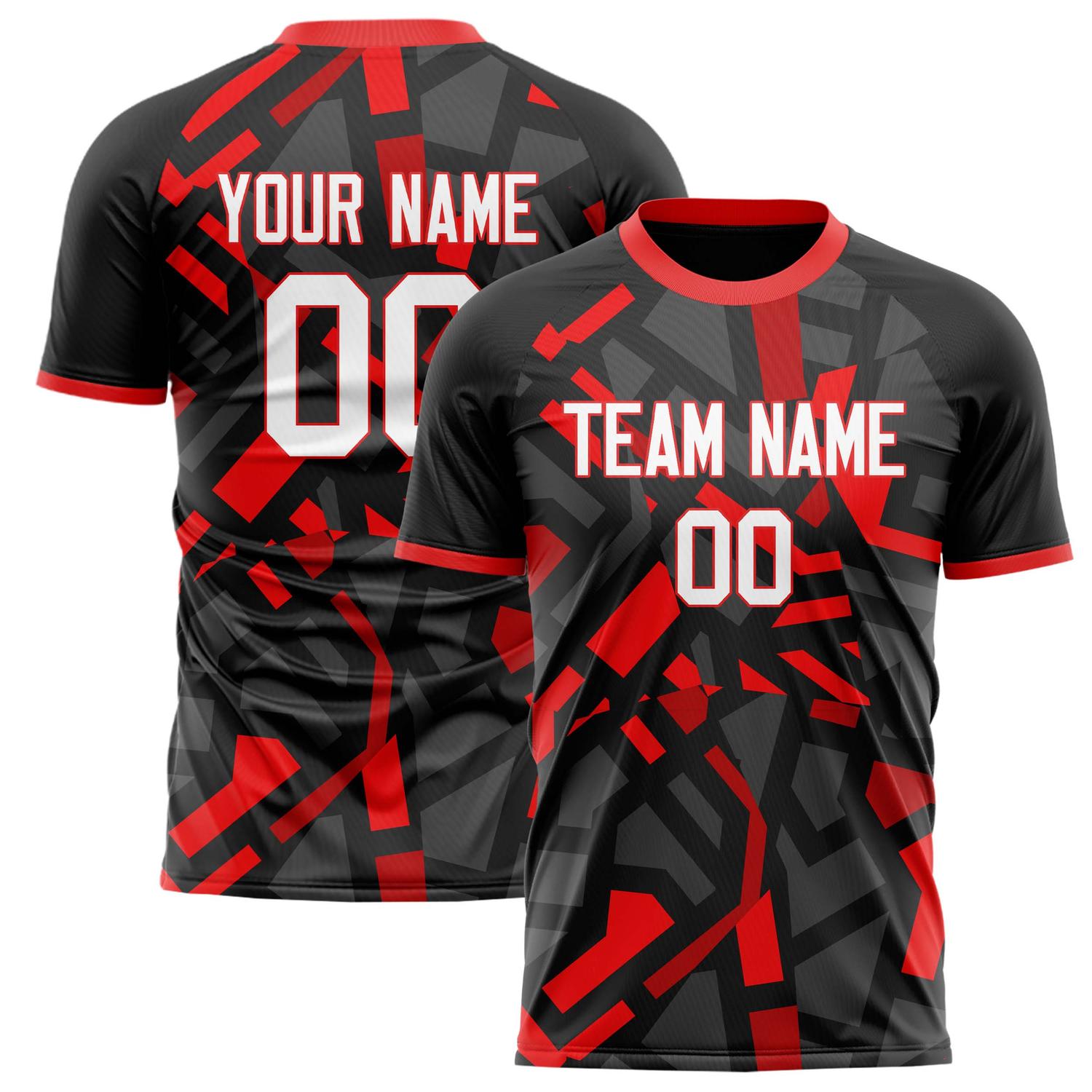 Custom Black Red Pattern Soccer Jersey FT02240809JG157