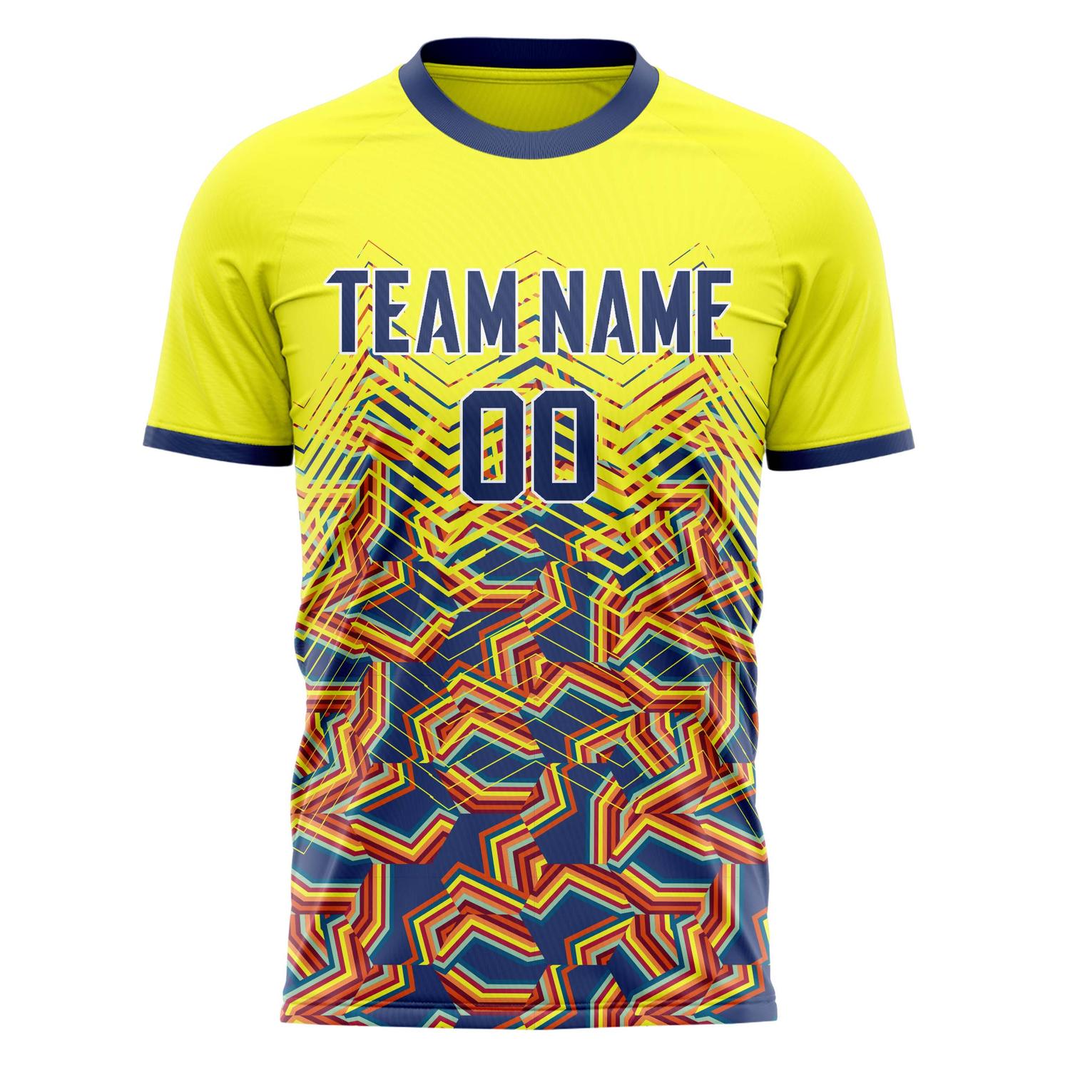 Custom Yellow Navy Pattern Soccer Jersey