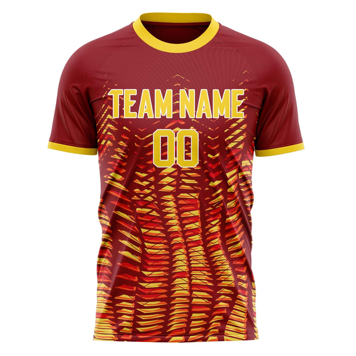 Custom Red Gold Pattern Soccer Jersey