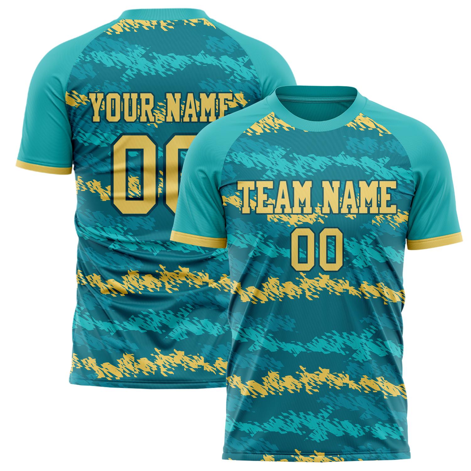 Custom Teal Old Gold Pattern Soccer Jersey FT02240809XF207