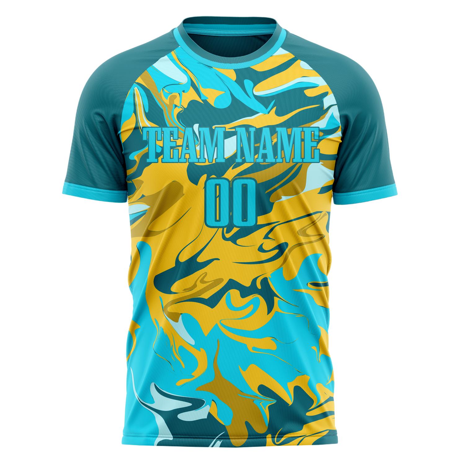 Custom Teal Gold Pattern Soccer Jersey