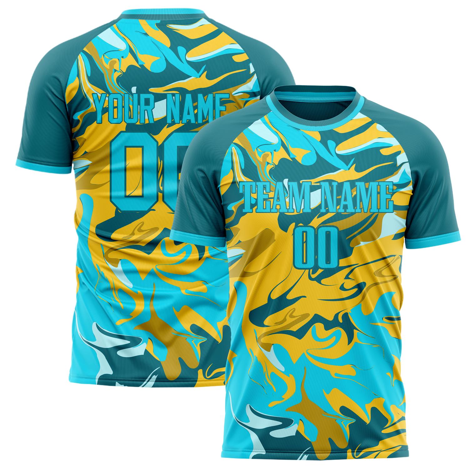 Custom Teal Gold Pattern Soccer Jersey FT02240809XF225