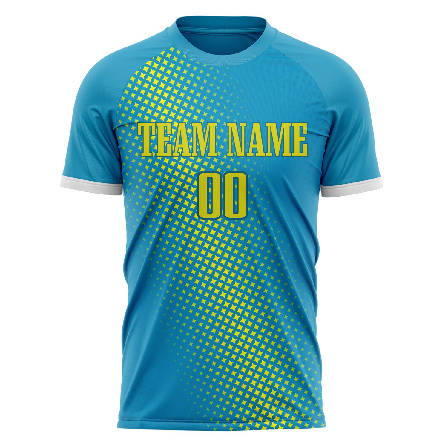 Custom Teal Yellow Pattern Soccer Jersey