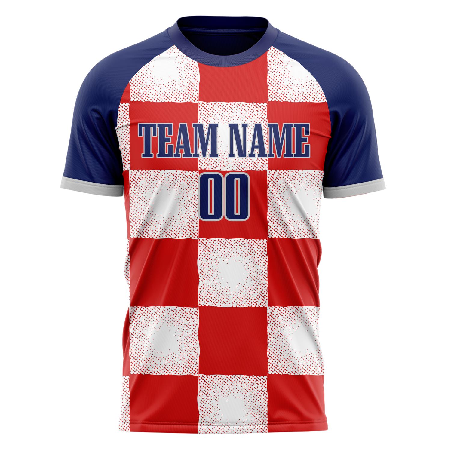 Custom Red Navy Pattern Soccer Jersey