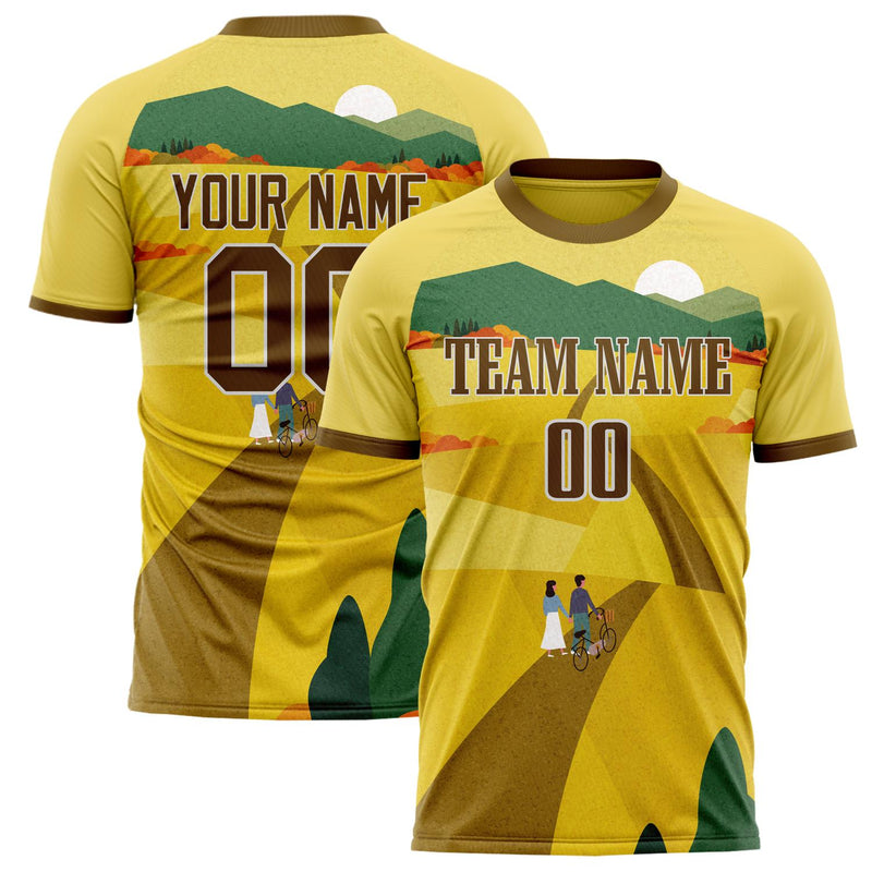 Custom Gold Brown Pattern Soccer Jersey FT02240809XF247