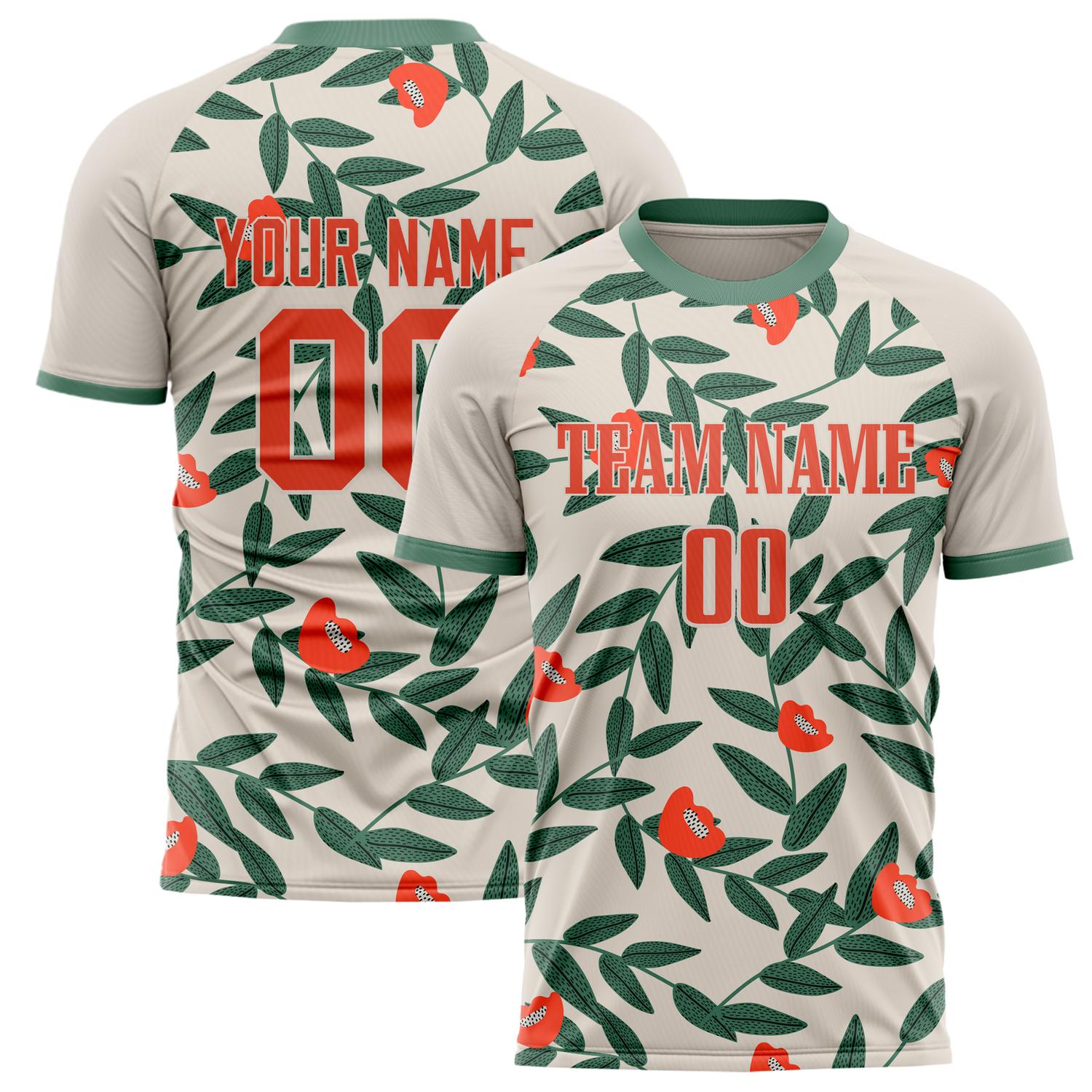 Custom Cream Green Pattern Soccer Jersey FT02240809XF251