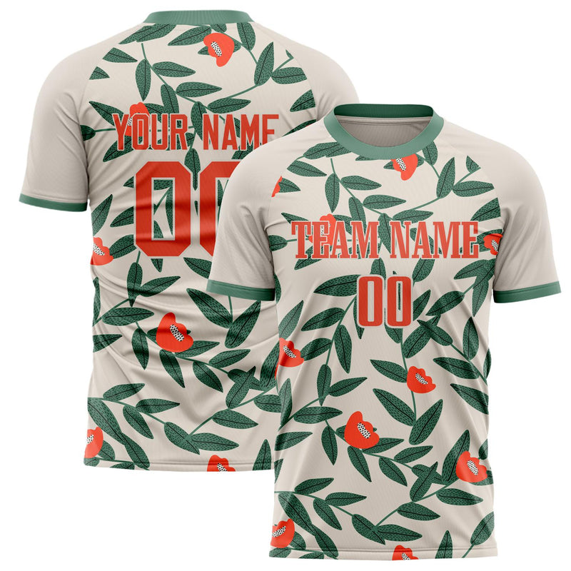 Custom Cream Green Pattern Soccer Jersey FT02240809XF251