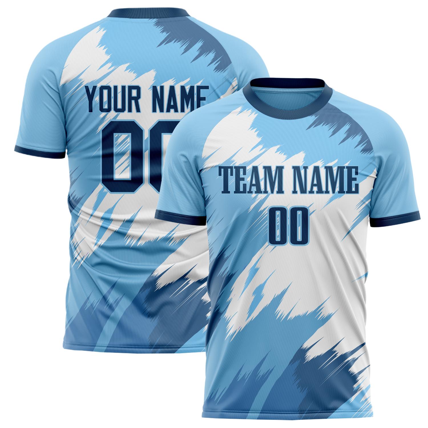 Custom Light Blue White Pattern Soccer Jersey FT02240809XF262