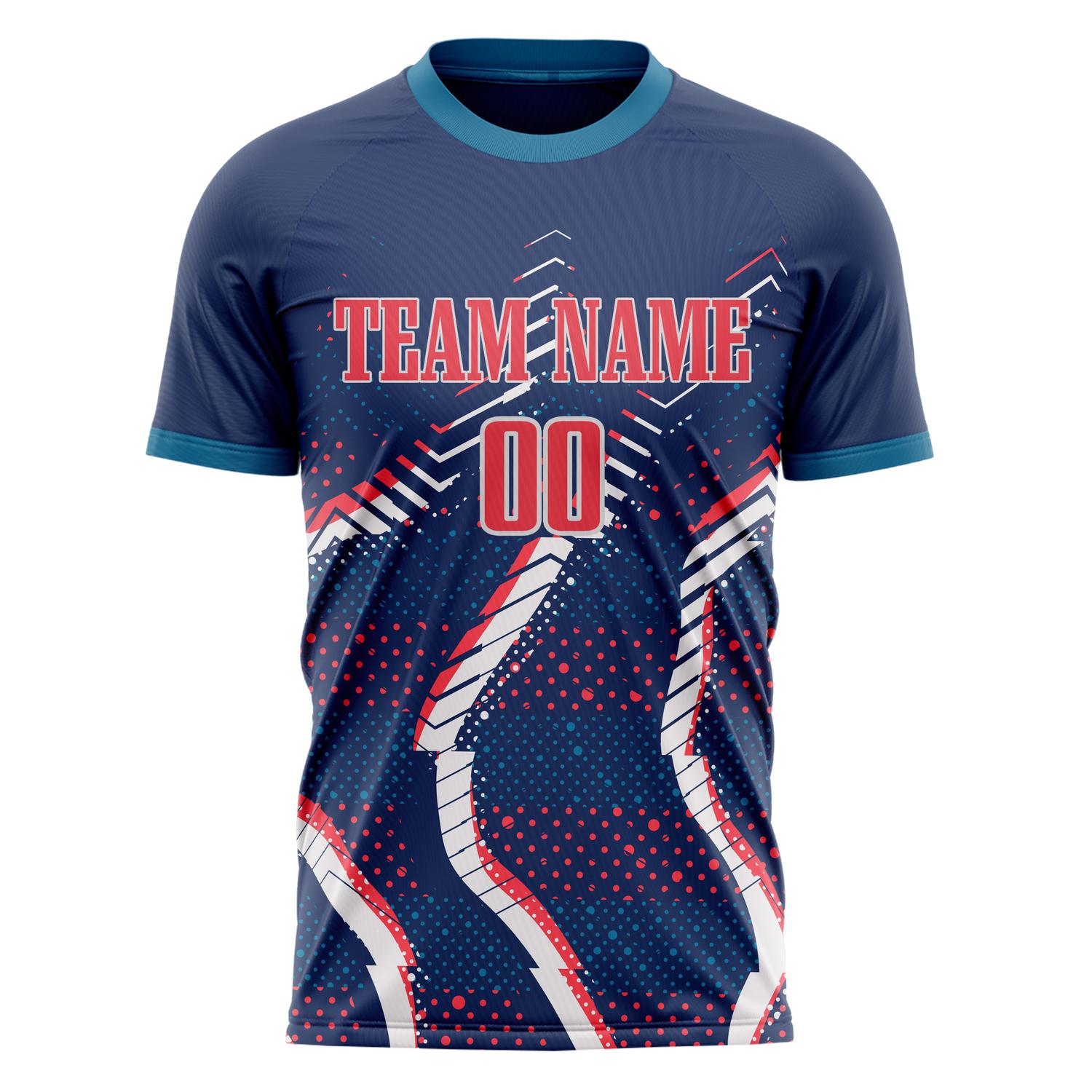Custom Navy Red Pattern Soccer Jersey