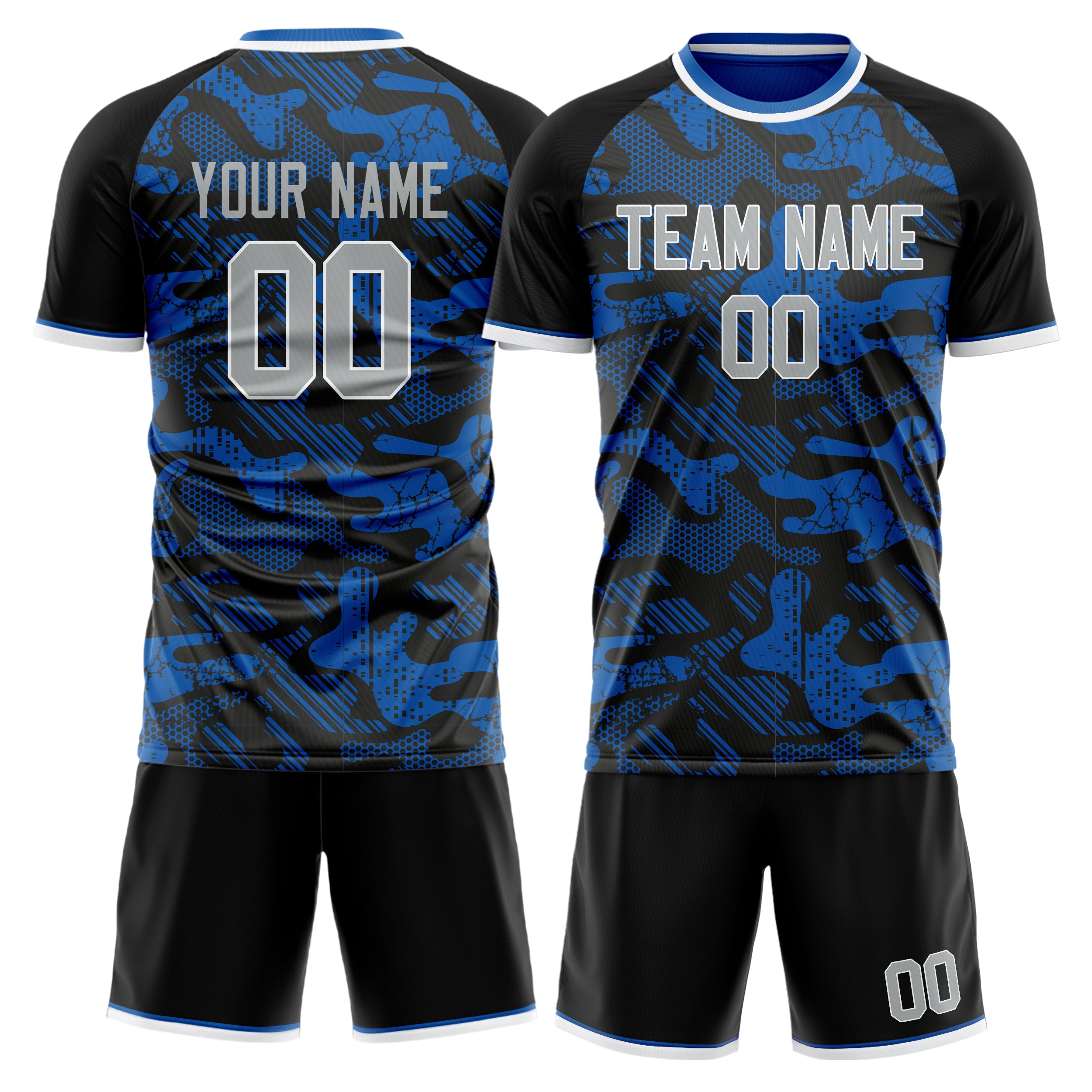 Custom Blue Black Pattern Soccer Jersey