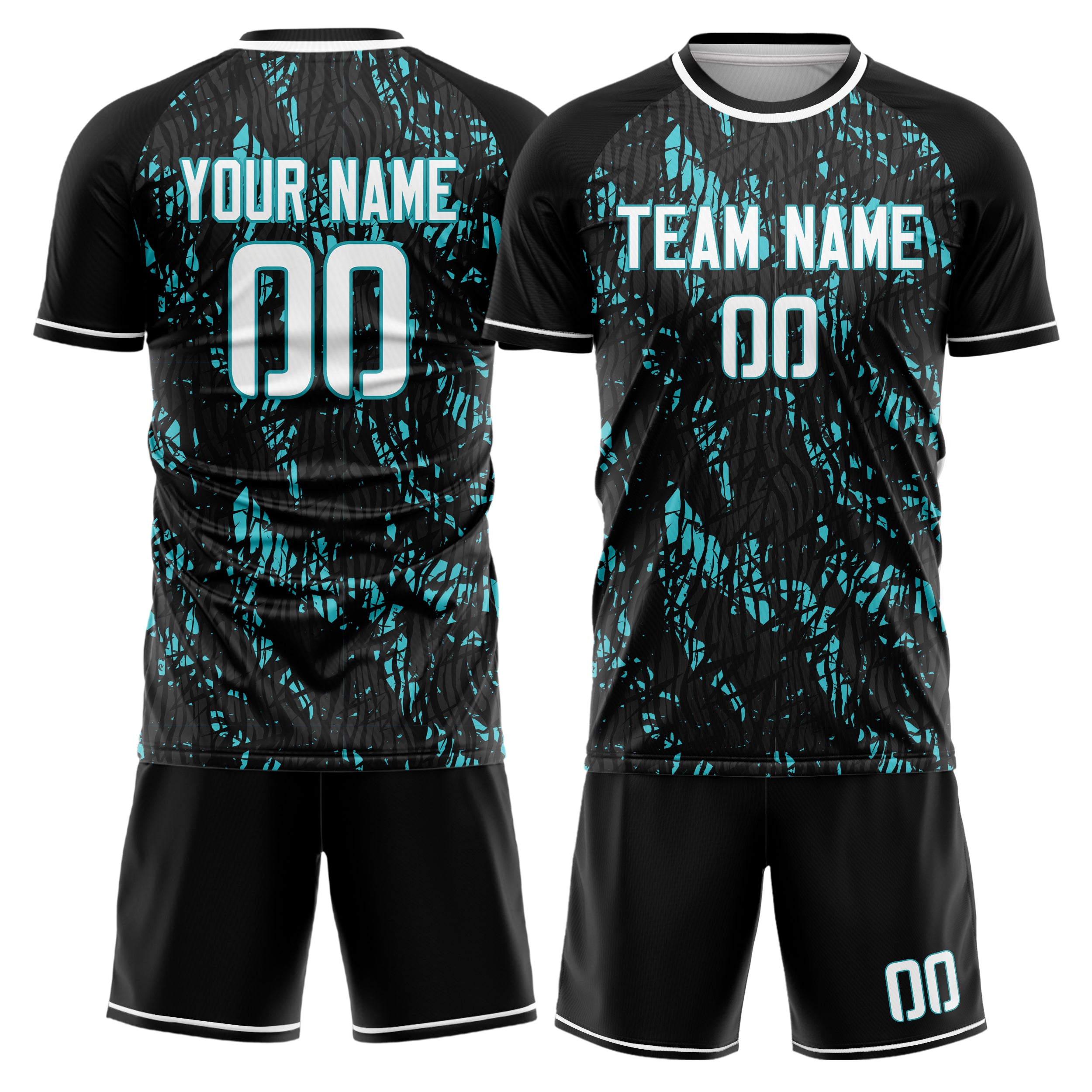 Custom Black Teal Pattern Soccer Jersey