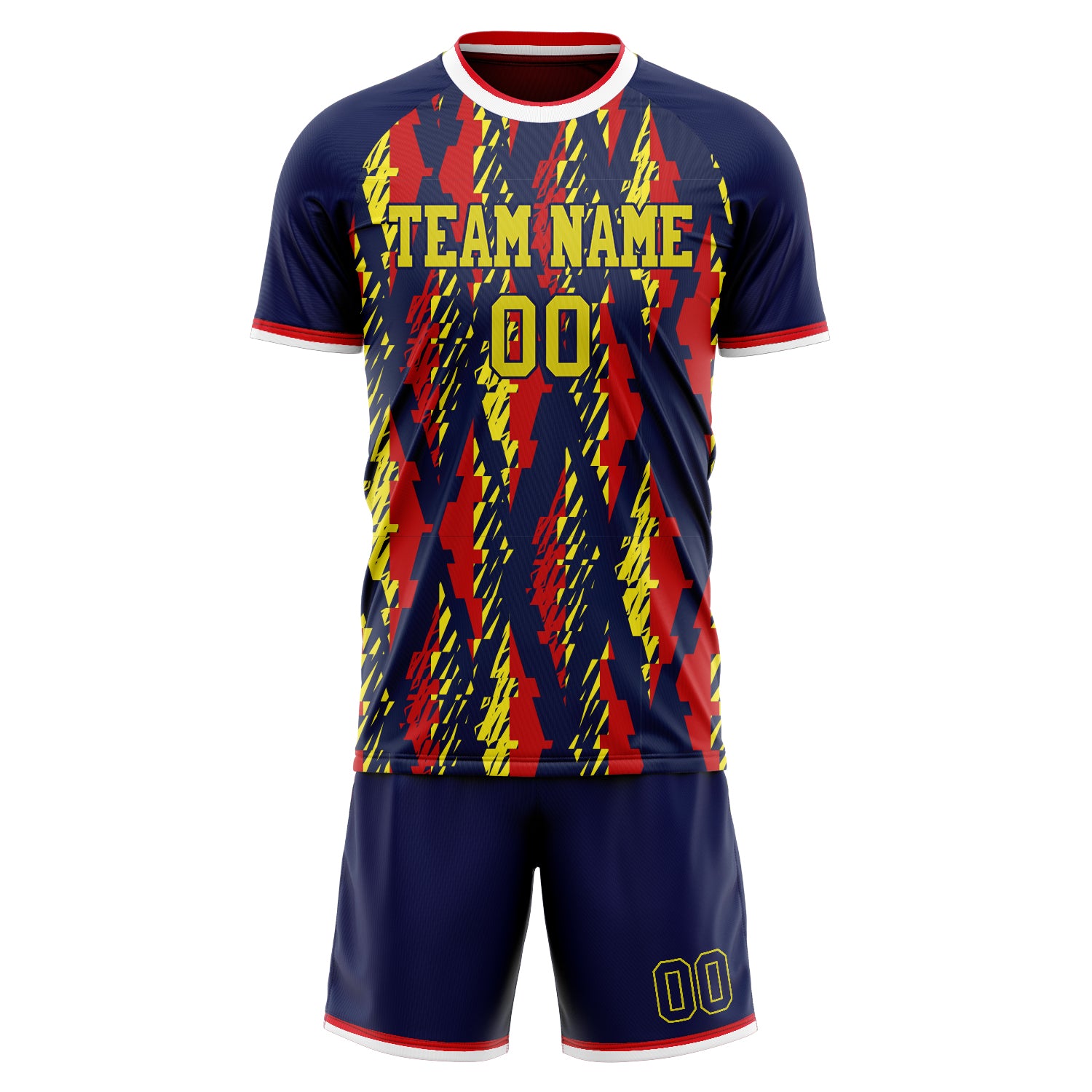 Custom Navy Red Pattern Soccer Jersey