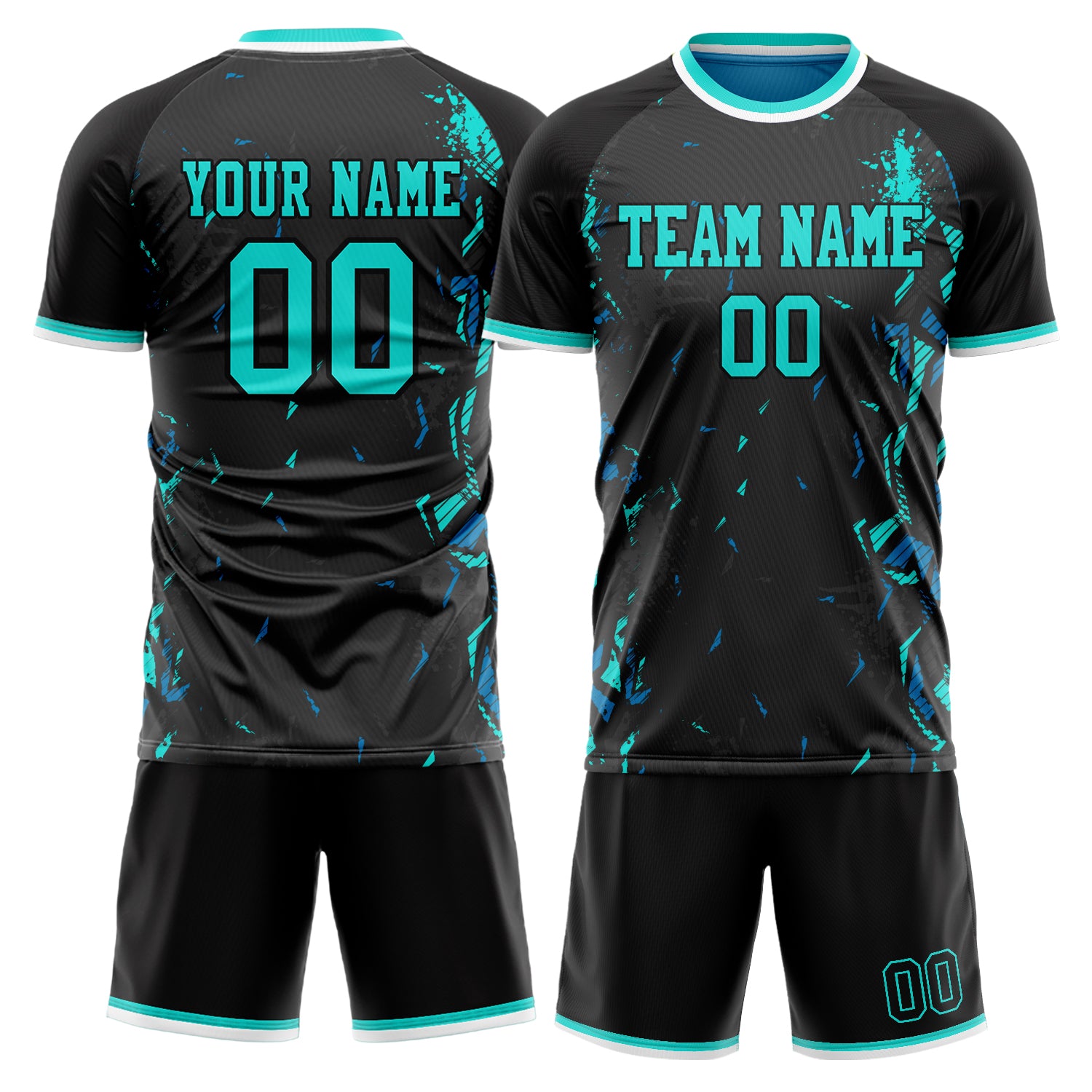 Custom Black Teal Pattern Soccer Jersey