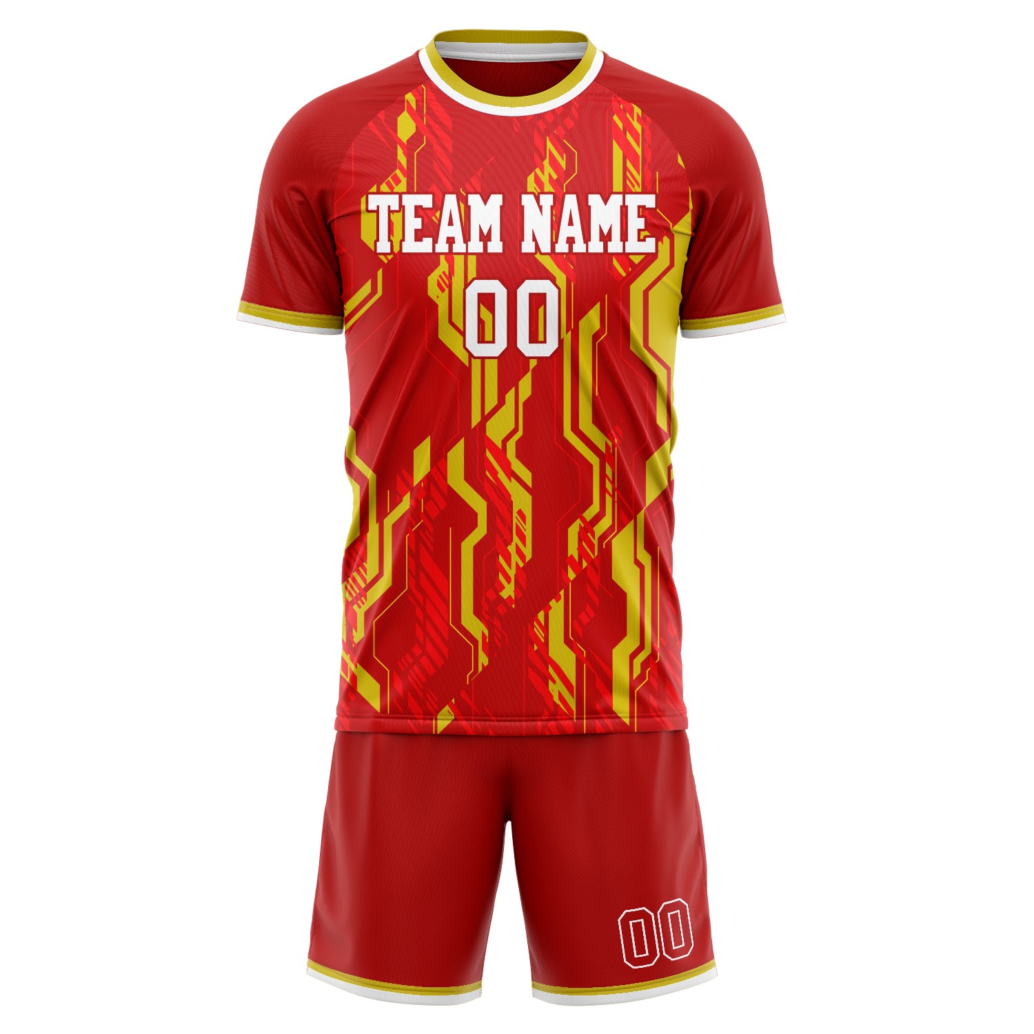 Custom Red Gold Pattern Soccer Jersey
