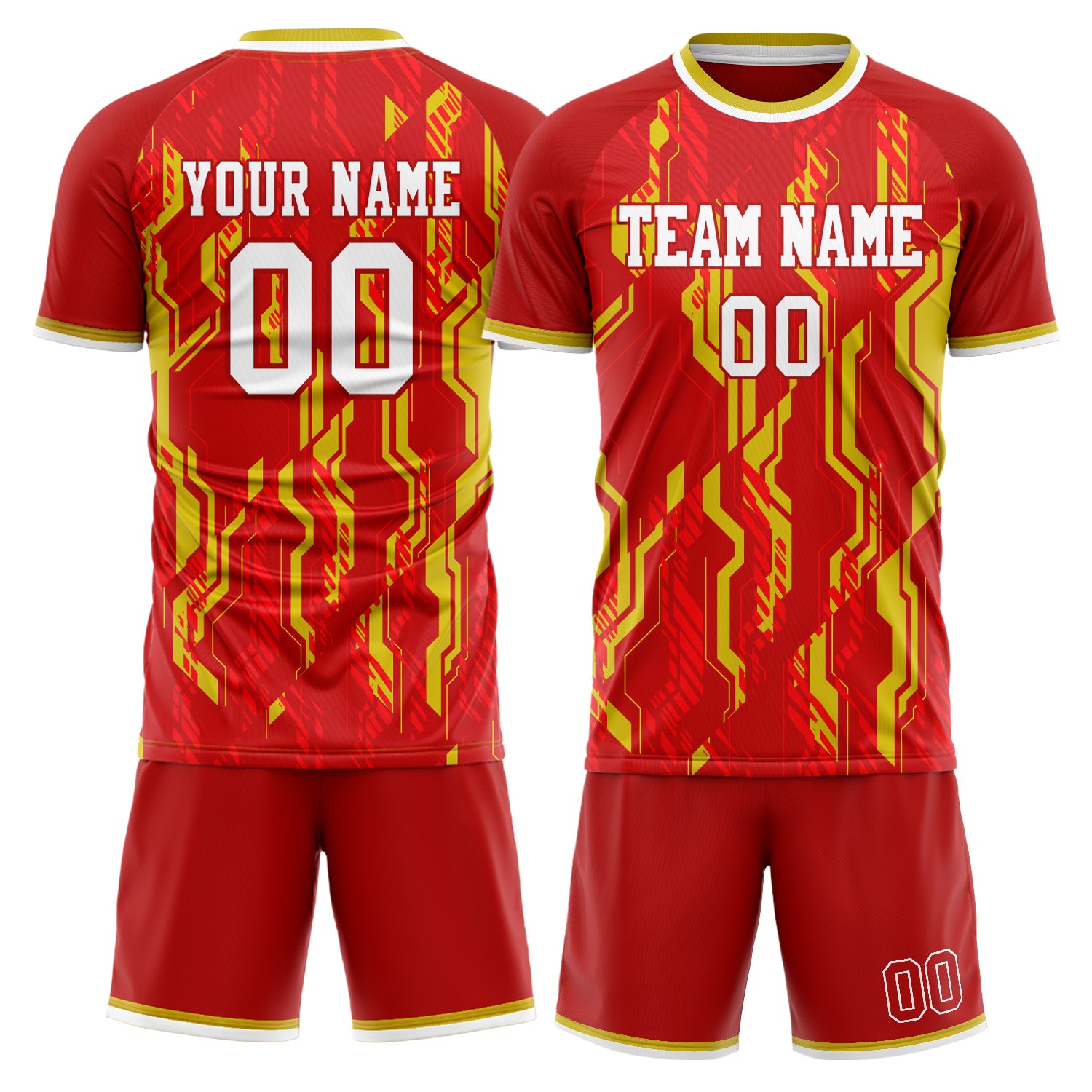 Custom Red Gold Pattern Soccer Jersey