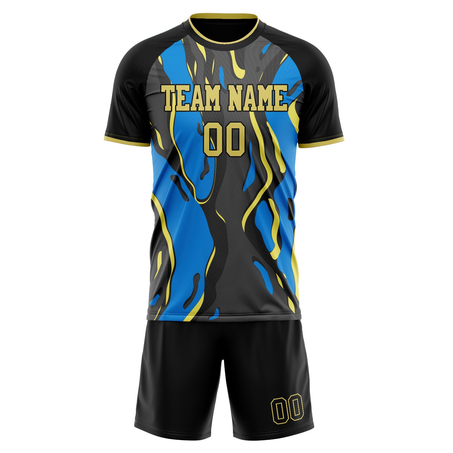 Custom Black Blue Pattern Soccer Jersey