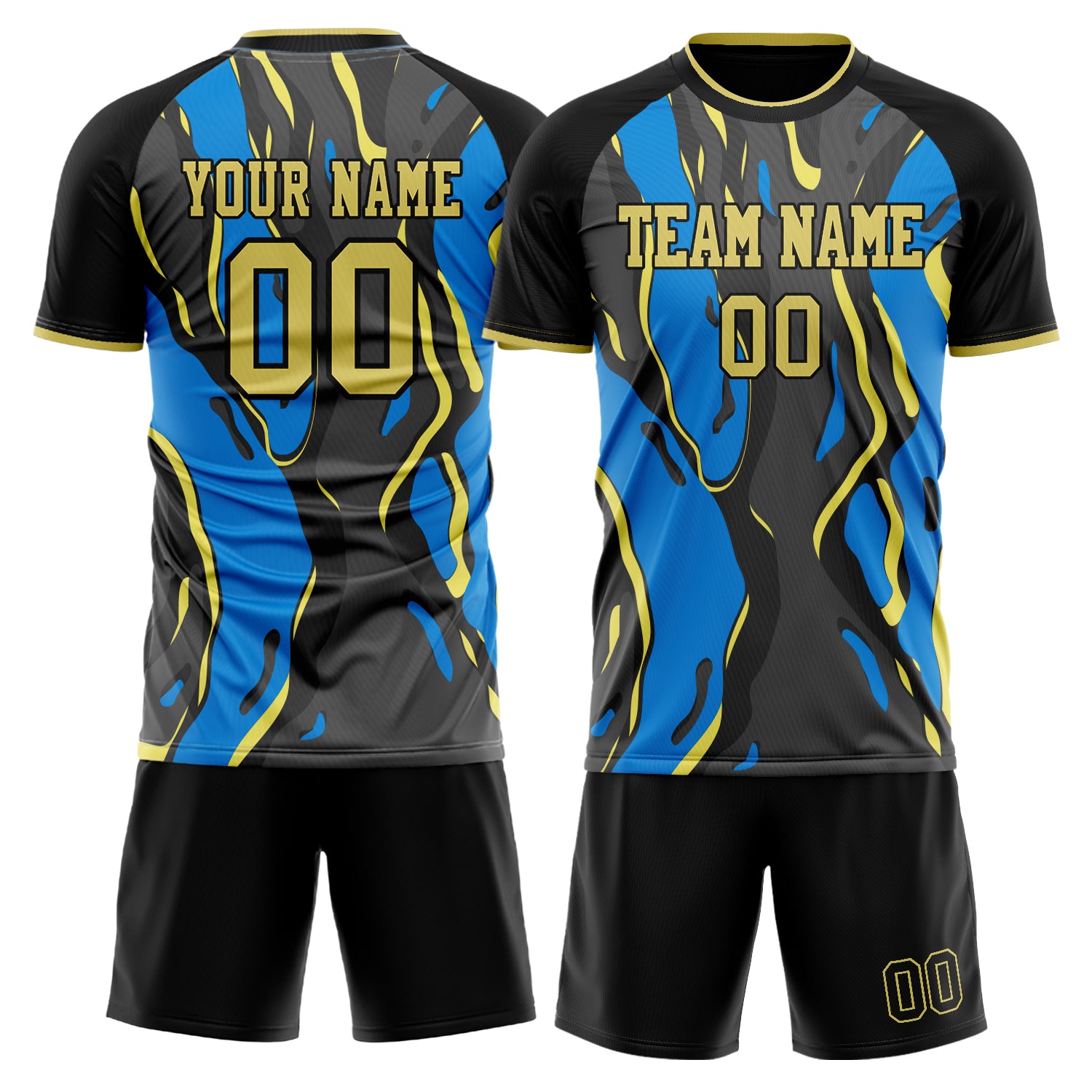 Custom Black Blue Pattern Soccer Jersey