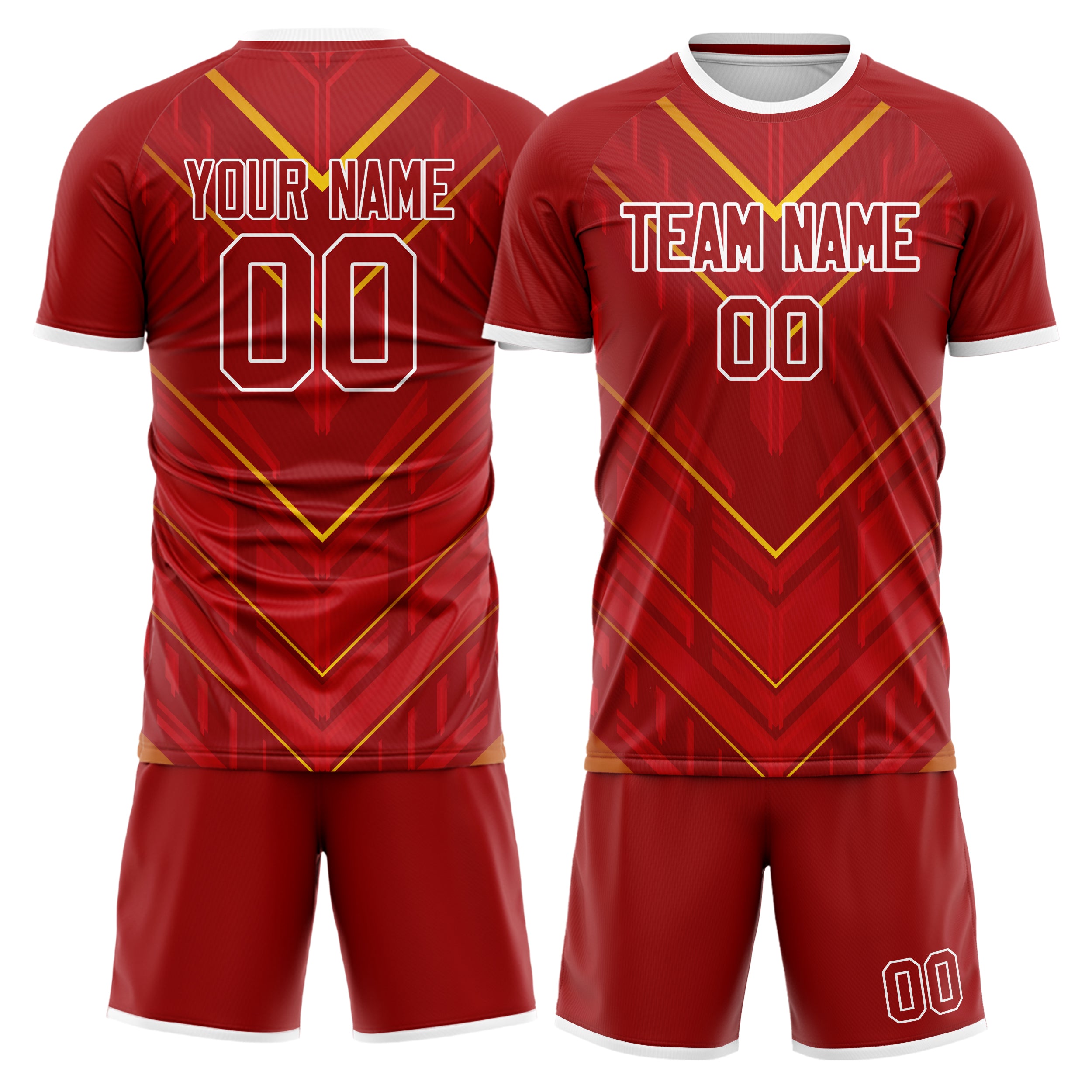Custom Red Gold Pattern Soccer Jersey