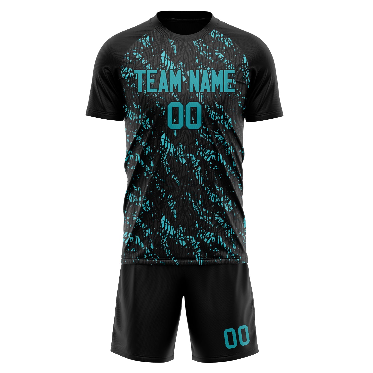 Custom Black Teal Pattern Soccer Jersey