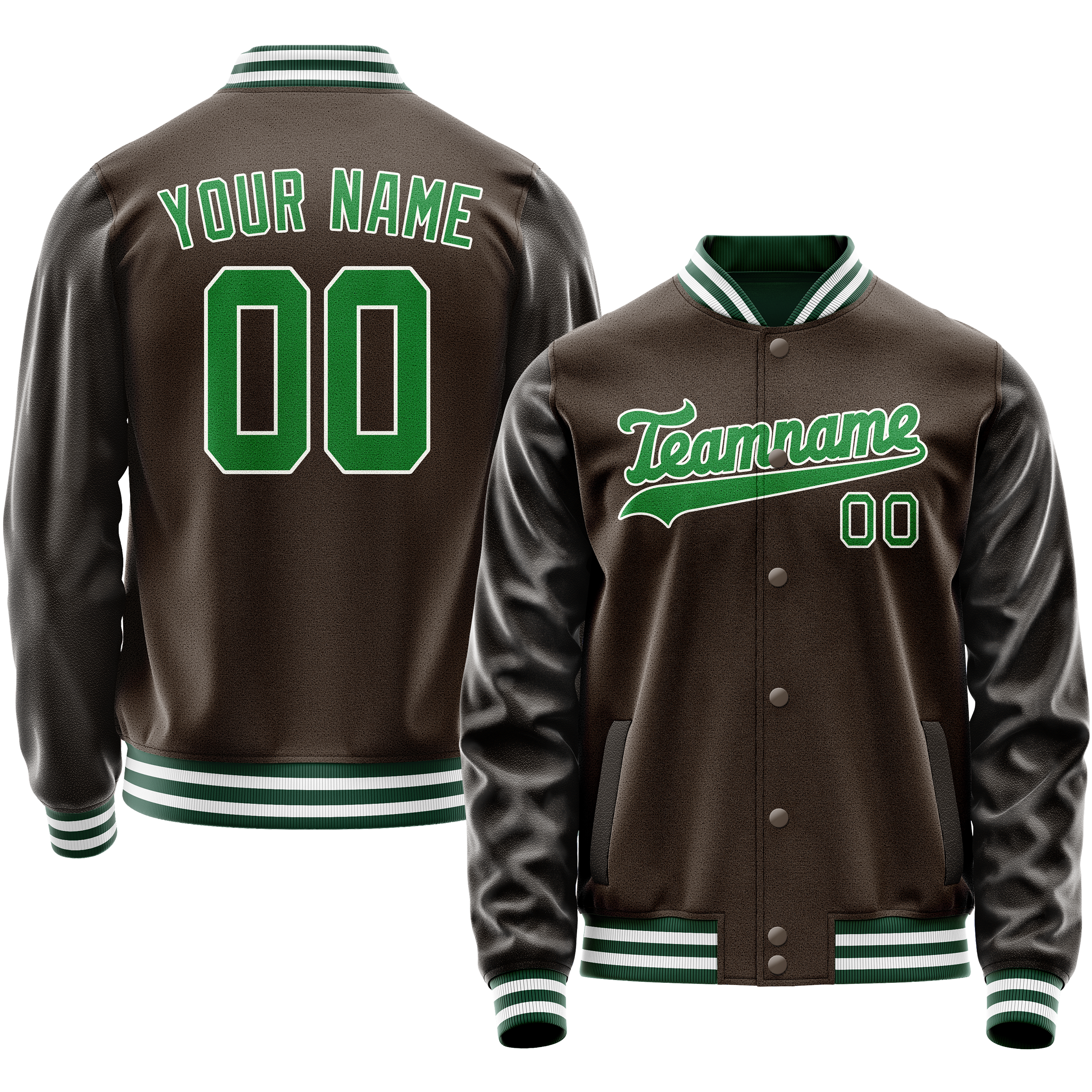 Custom Brown Neon-Green Solid Color Varsity Letterman Jacket JA02240617XF074