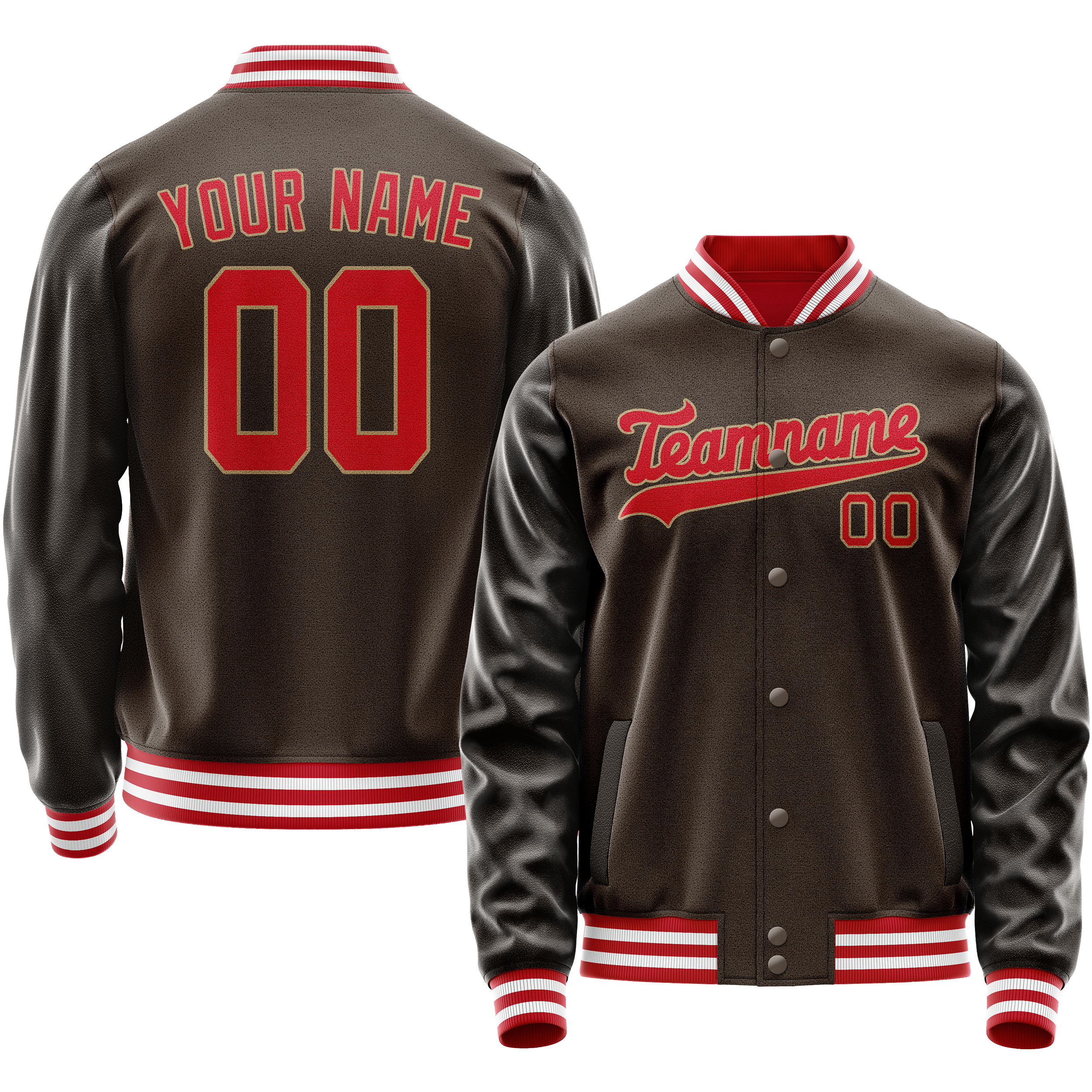 Custom Brown Red Solid Color Varsity Letterman Jacket JA02240617XF071