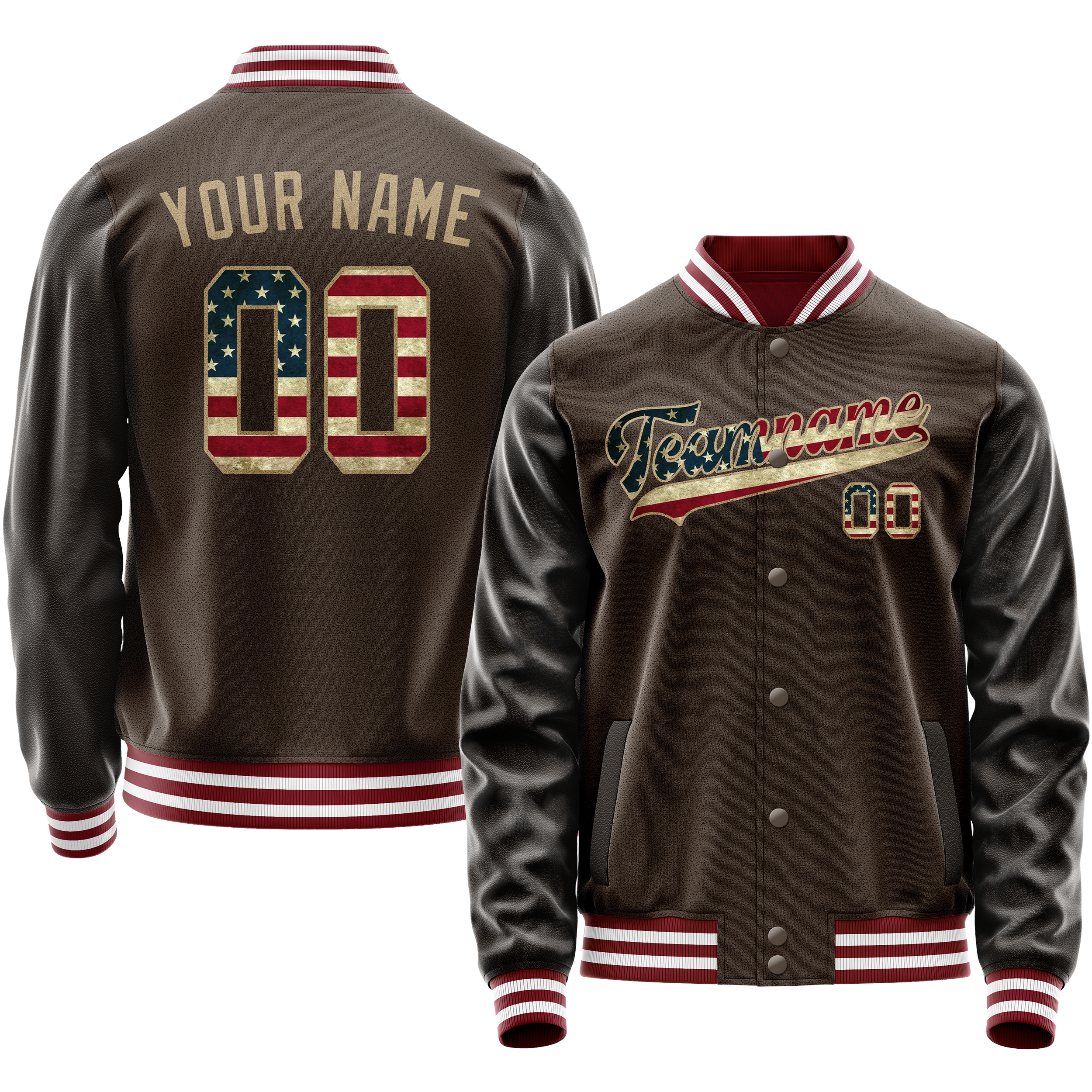 Custom Brown Cream Vintage Usa Flag Varsity Letterman Jacket JA02240617XF078
