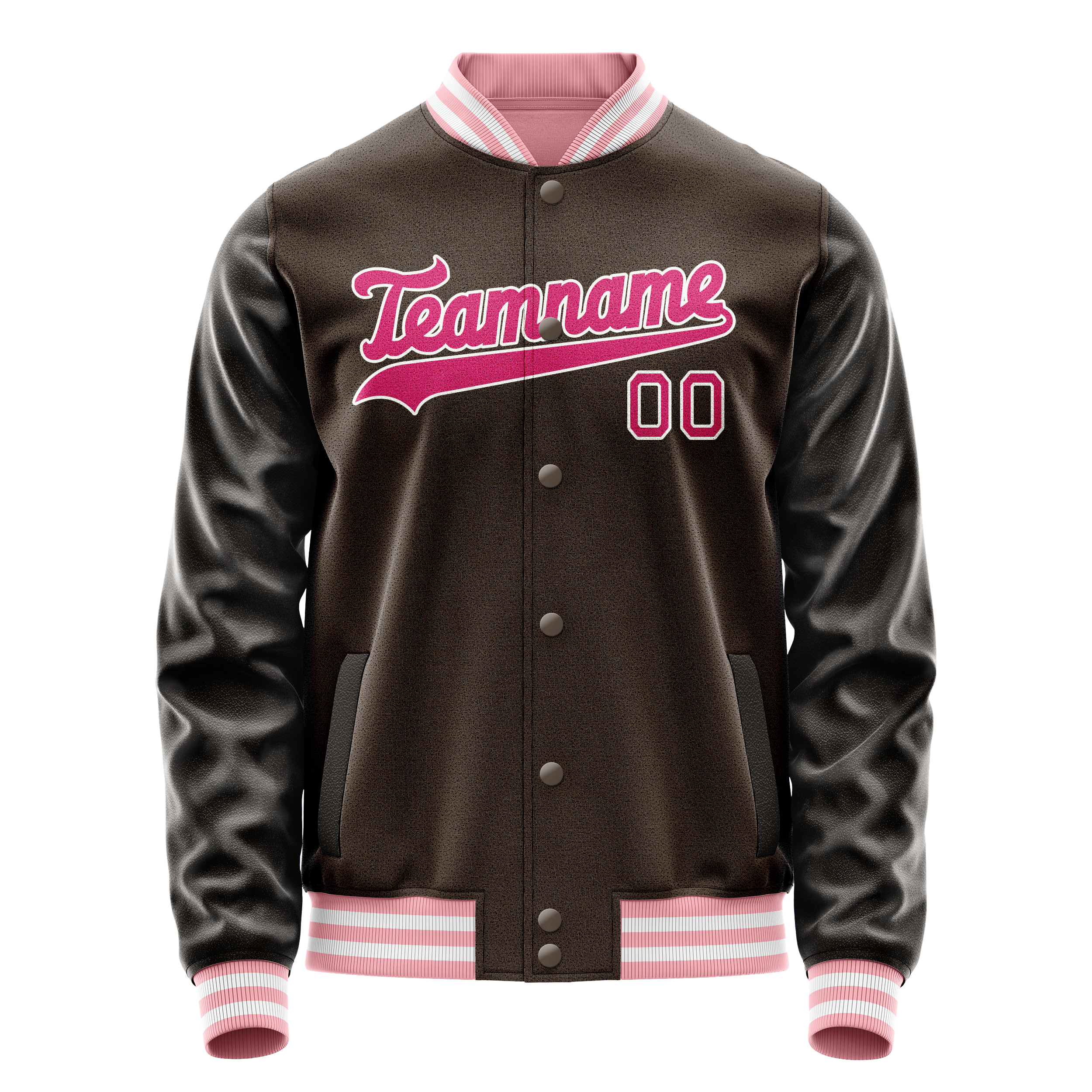Custom Brown Pink Solid Color Varsity Letterman Jacket JA02240617XF072