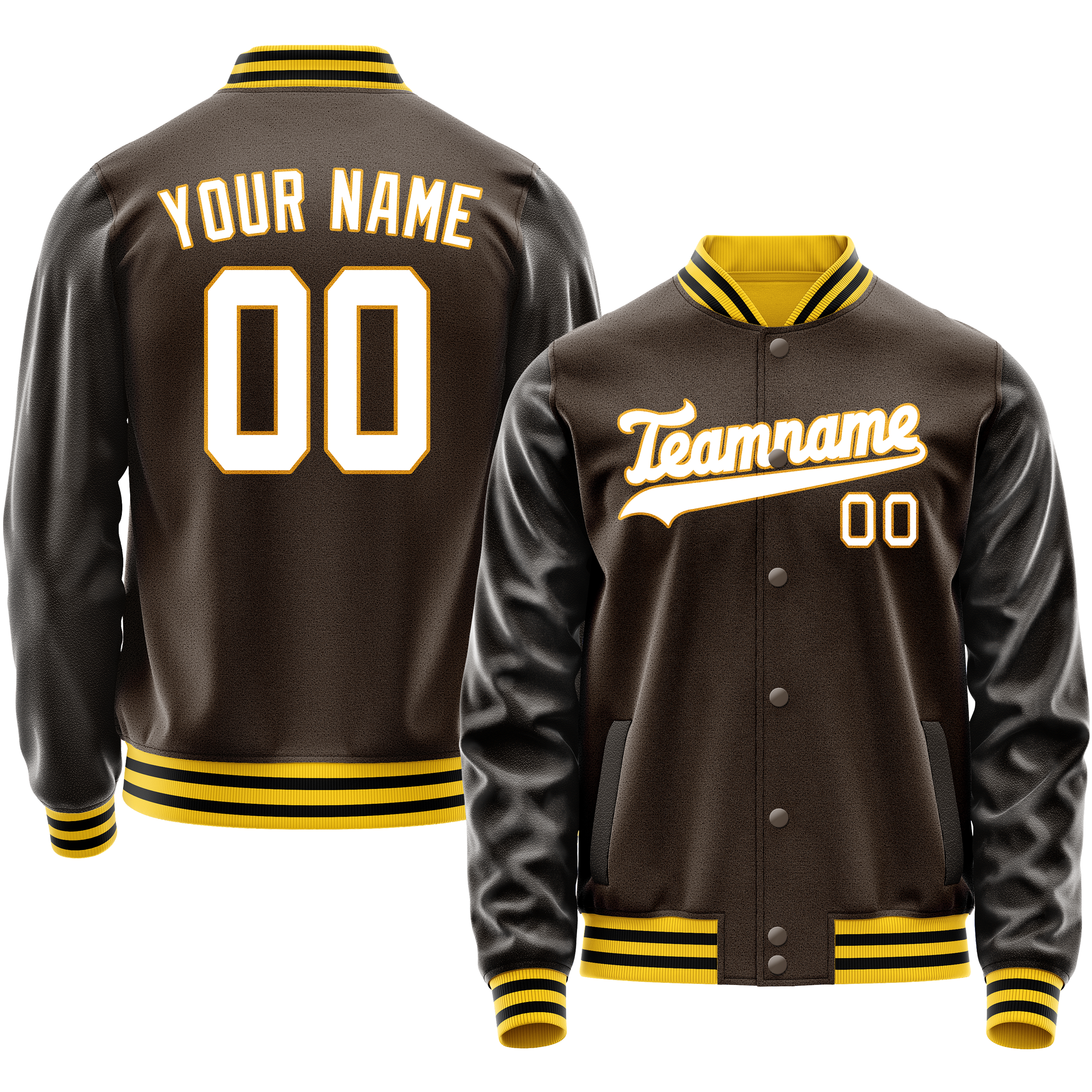 Custom Brown White Solid Color Varsity Letterman Jacket JA02240617XF064