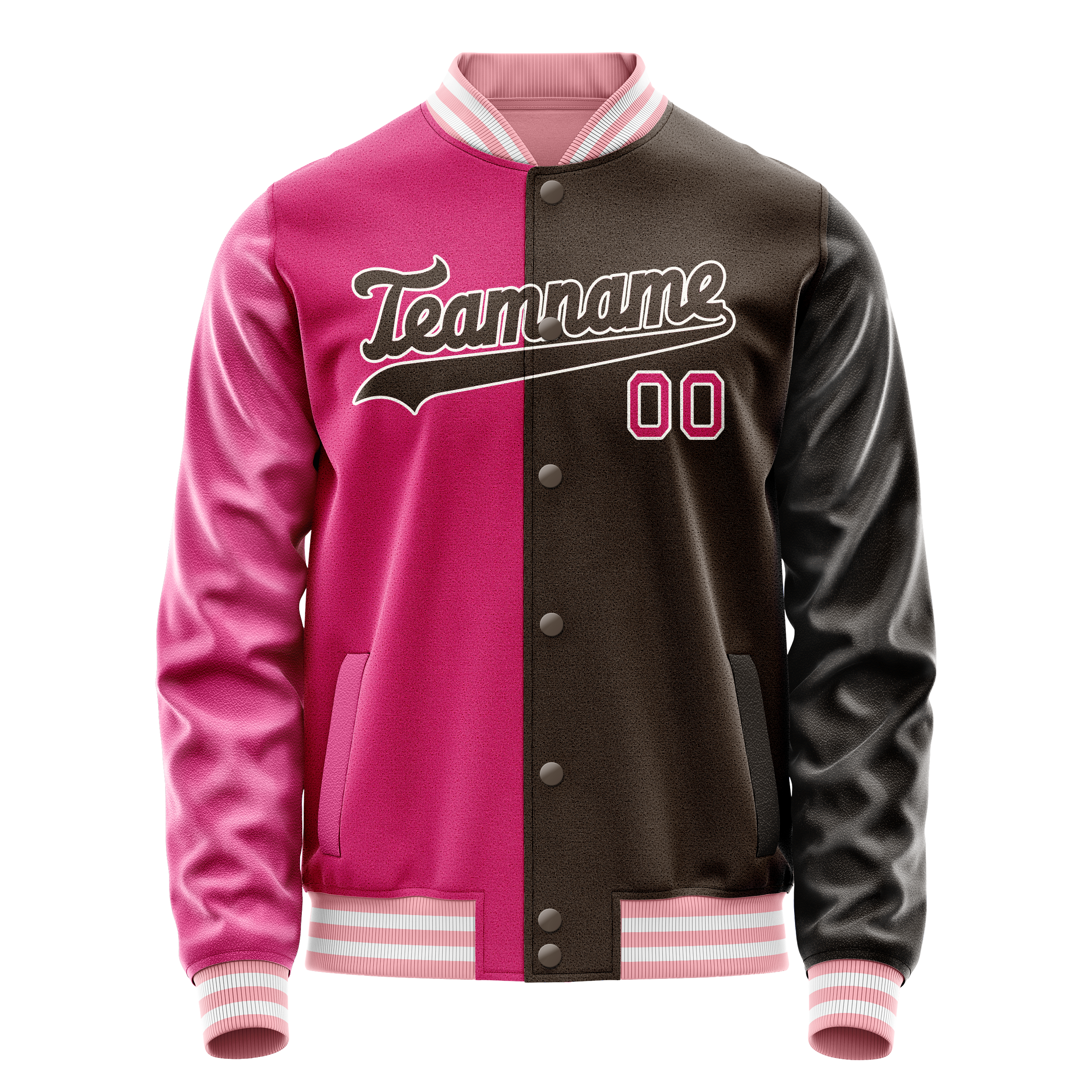 Custom Brown Pink Split Varsity Letterman Jacket JA02240617XF079