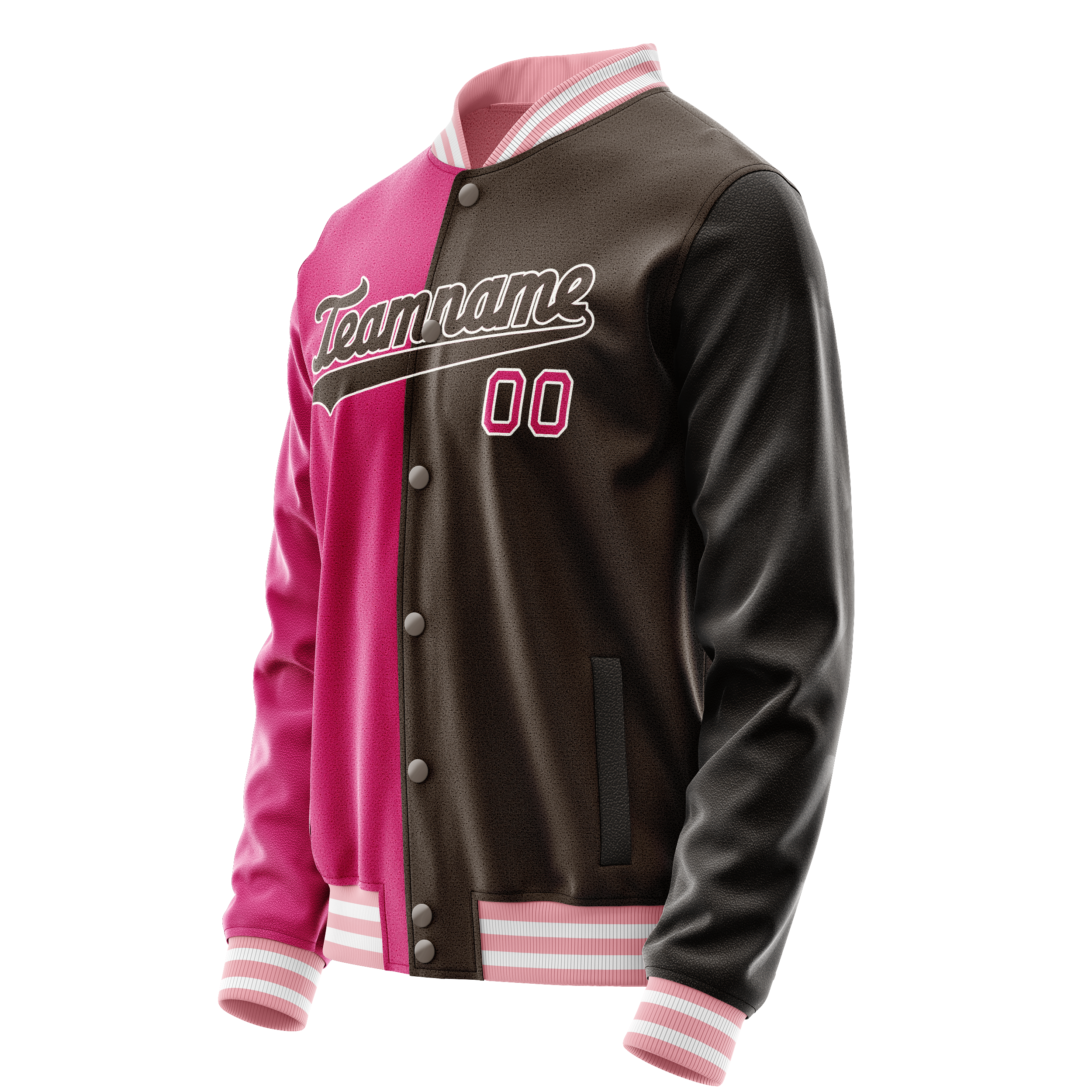 Custom Brown Pink Split Varsity Letterman Jacket JA02240617XF079