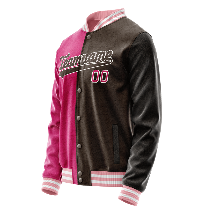 Custom Brown Pink Split Varsity Letterman Jacket JA02240617XF079