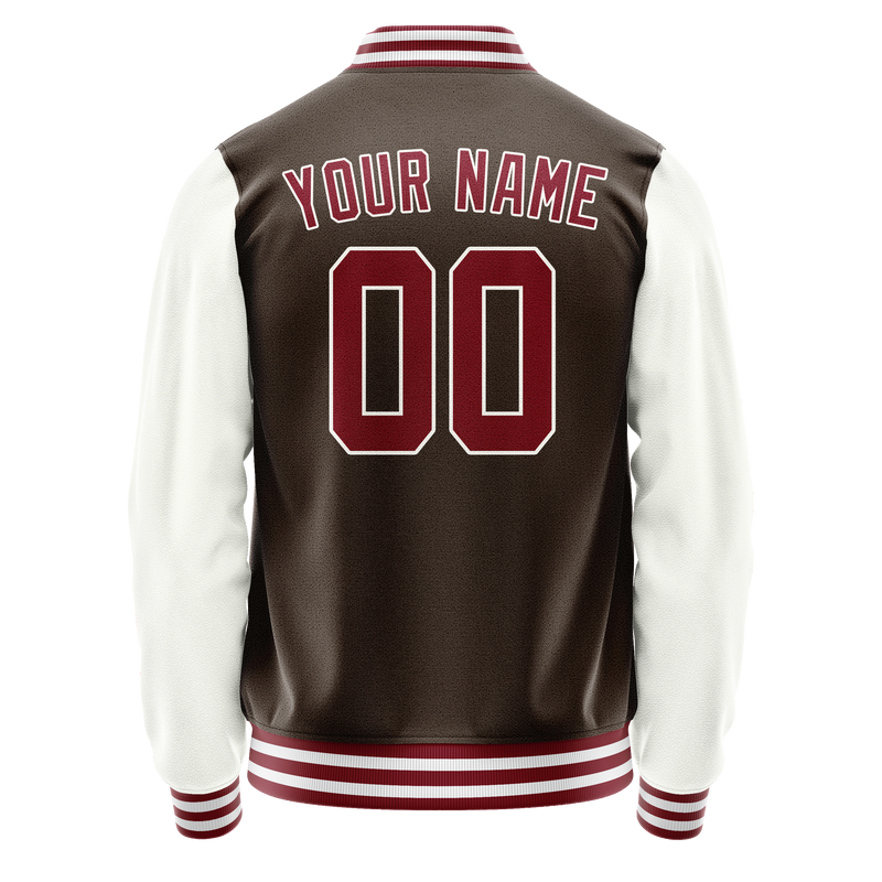 Custom Brown White Solid Color Varsity Letterman Jacket JA02240617XF076