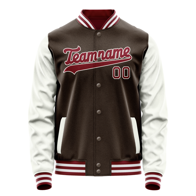 Custom Brown White Solid Color Varsity Letterman Jacket JA02240617XF076