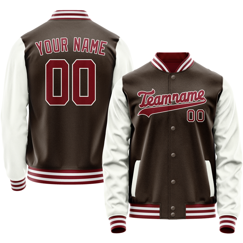 Custom Brown White Solid Color Varsity Letterman Jacket JA02240617XF076