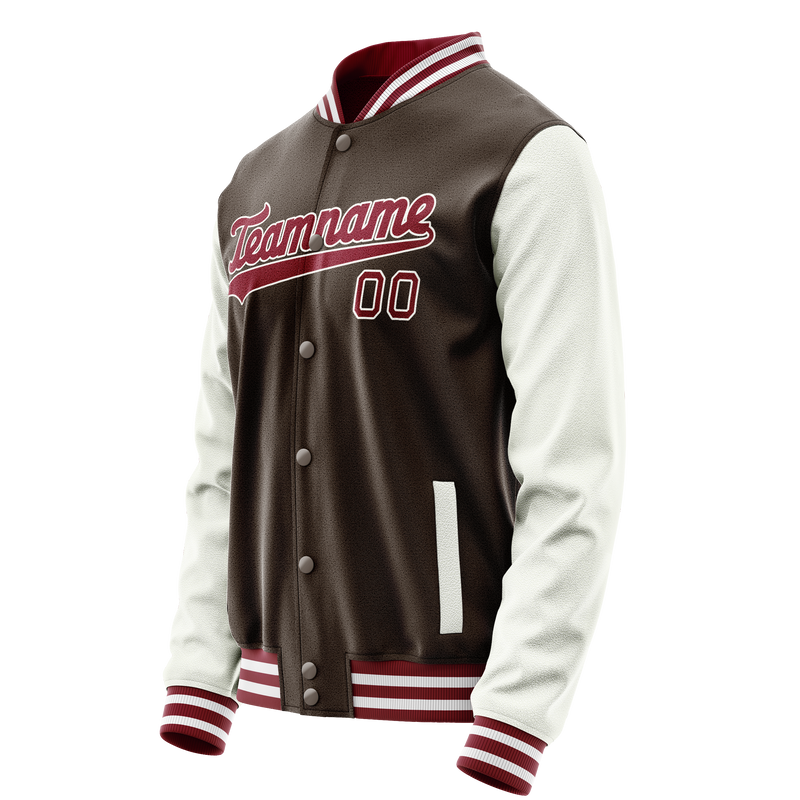 Custom Brown White Solid Color Varsity Letterman Jacket JA02240617XF076