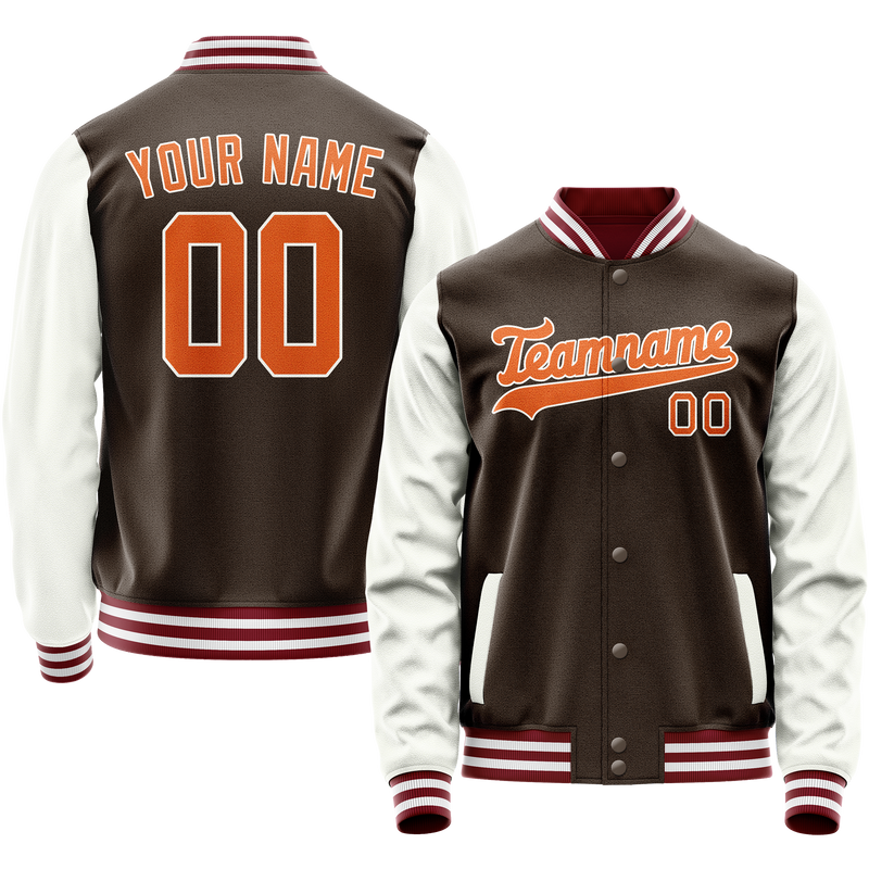 Custom Brown White Solid Color Varsity Letterman Jacket JA02240617XF069
