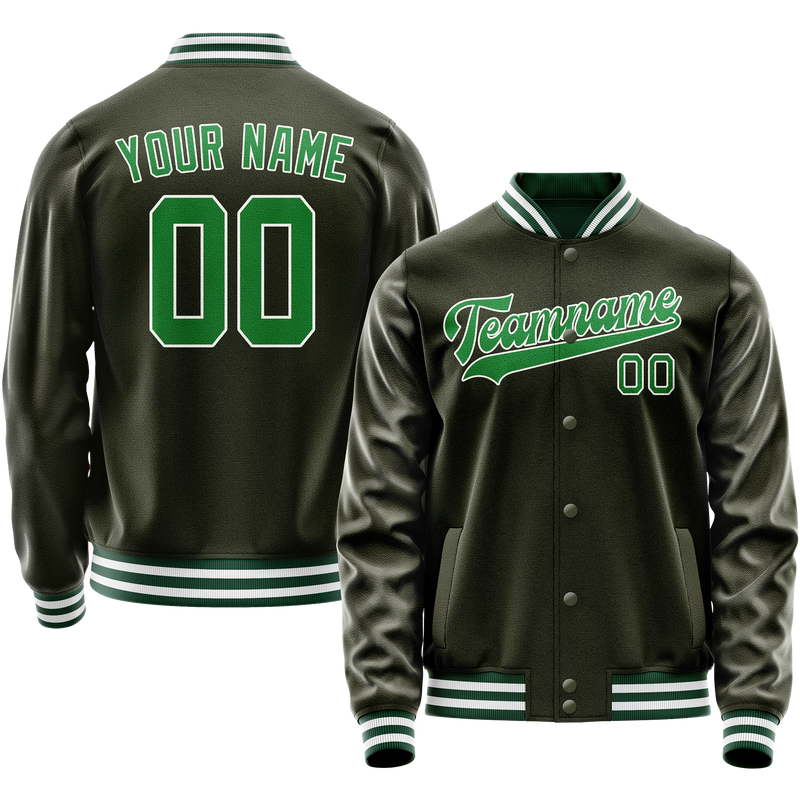 Custom Olive Neon-Green Solid Color Varsity Letterman Jacket JA02240617LH313
